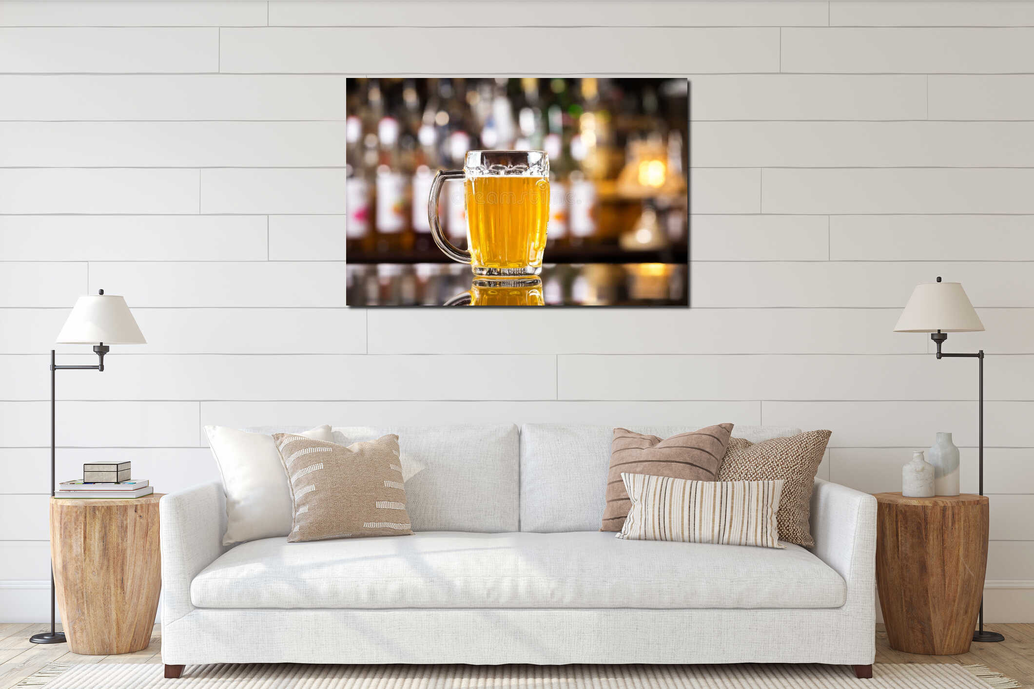 Closeup image of mug with golden cold light beer at bar interior mockup