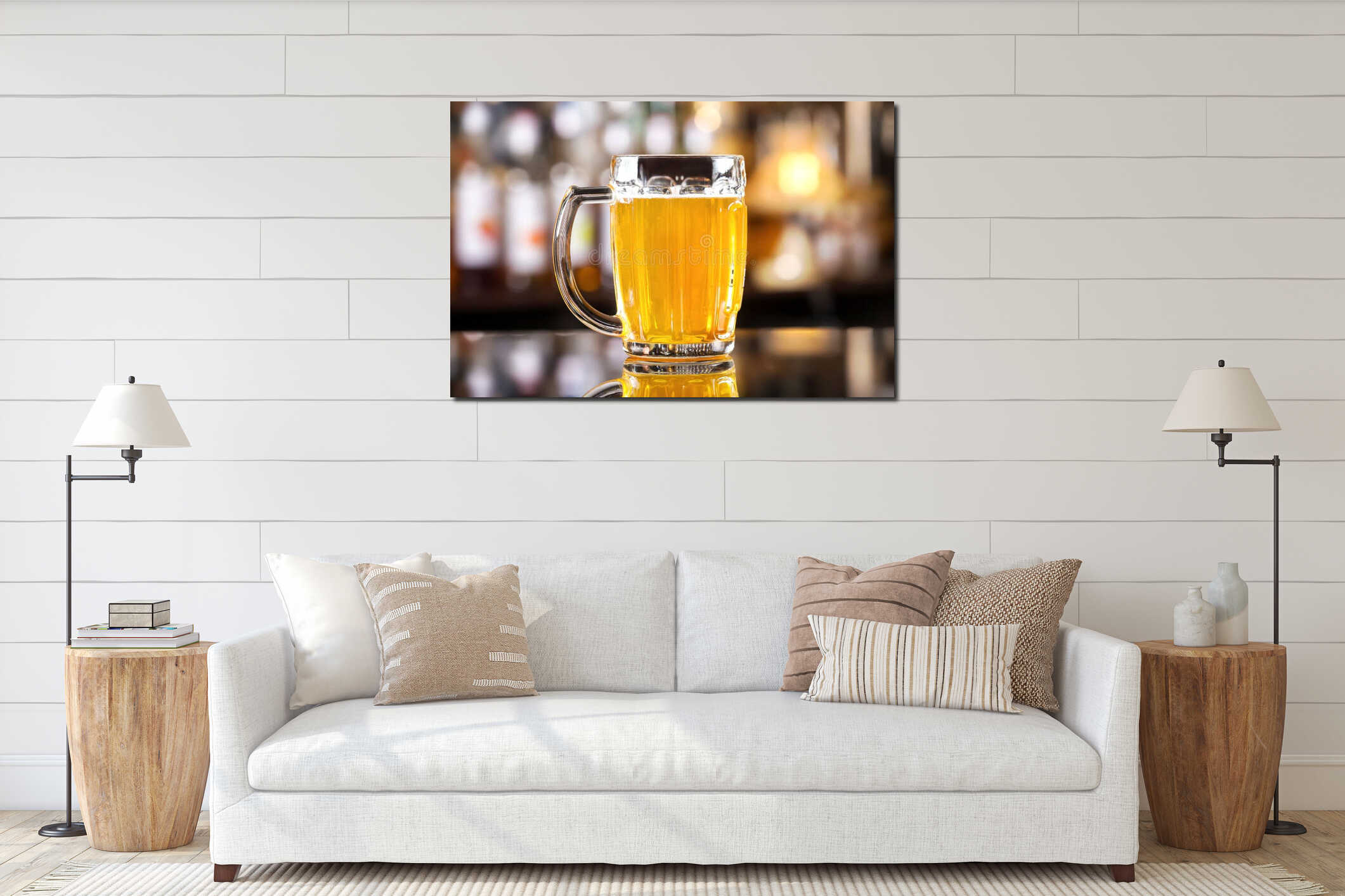 Closeup image of mug with golden cold light beer interior mockup