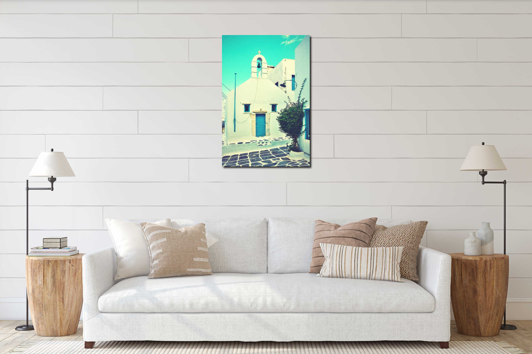 Small greek church in Mykonos interior mockup