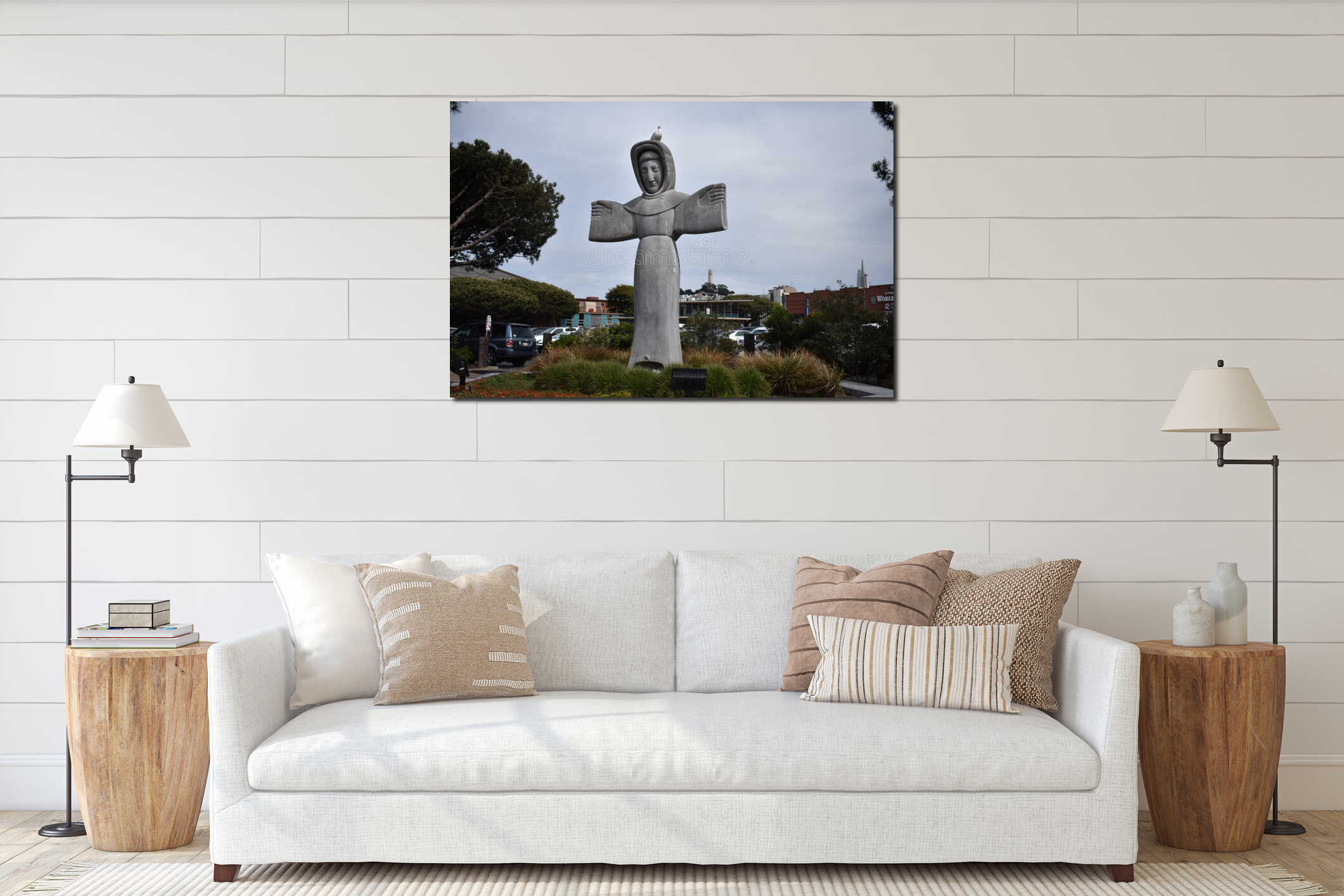 Statue of Saint Francis of Assisi top by a real live seagull, 2. interior mockup