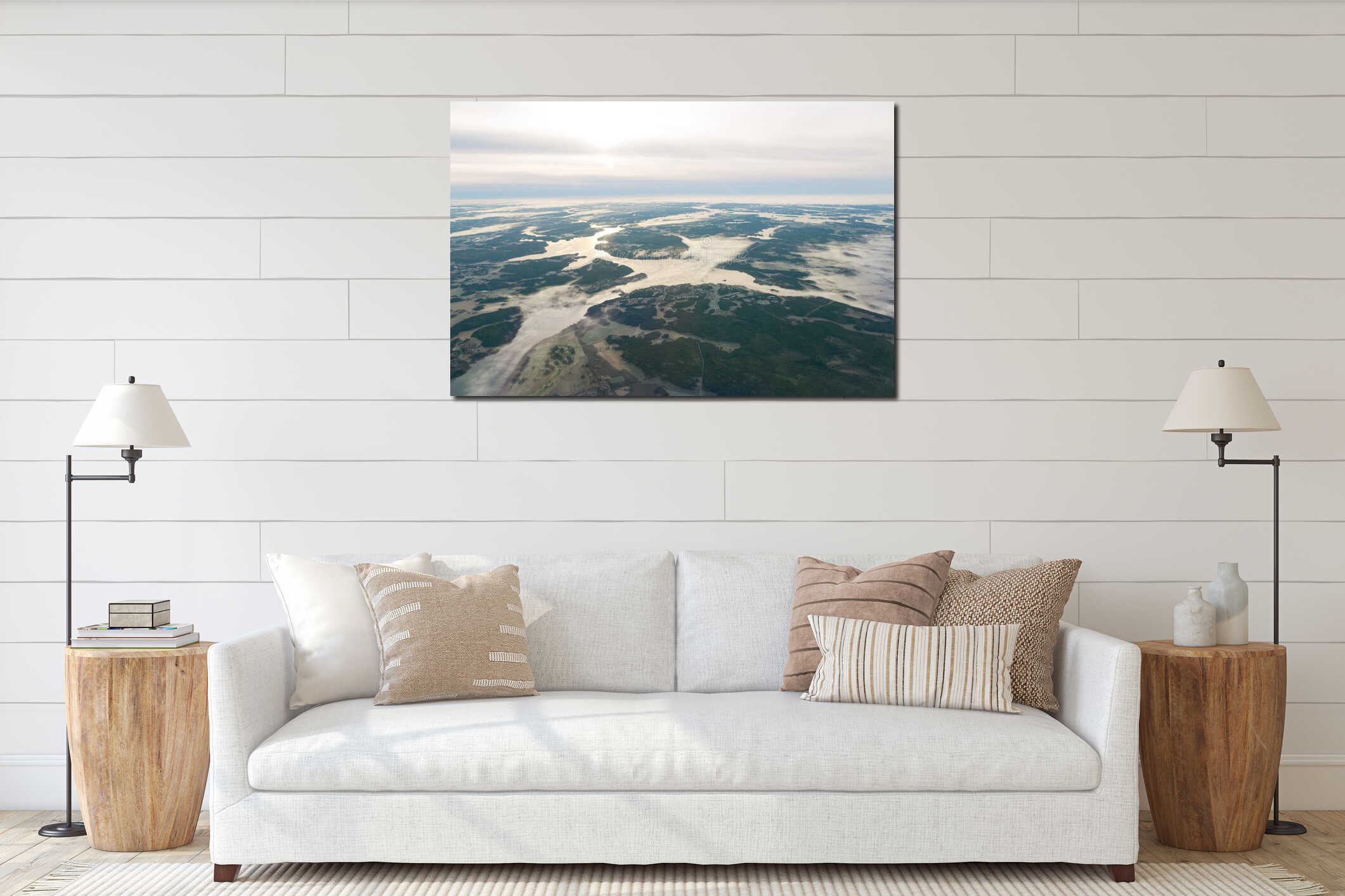 Sweden Scandinavian coast drone aerial landscape sea sunrise interior mockup