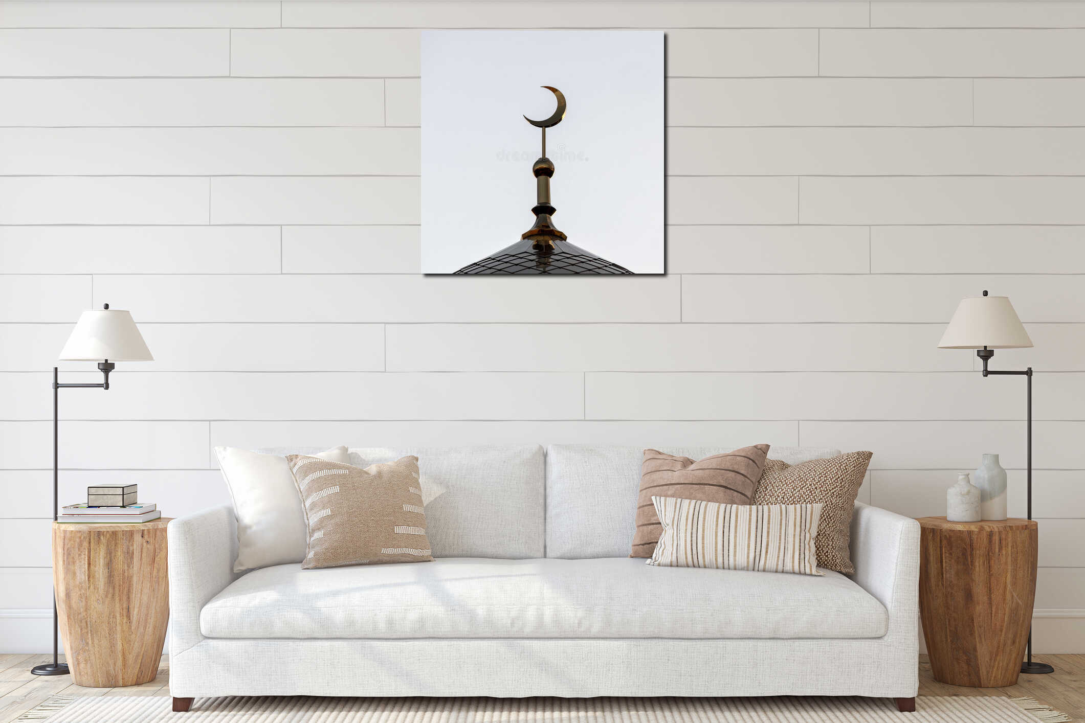 The symbol of Islam is a golden crescent moon in the evening or morning sky. Silhouette of the top of the mosque minaret. A square interior mockup