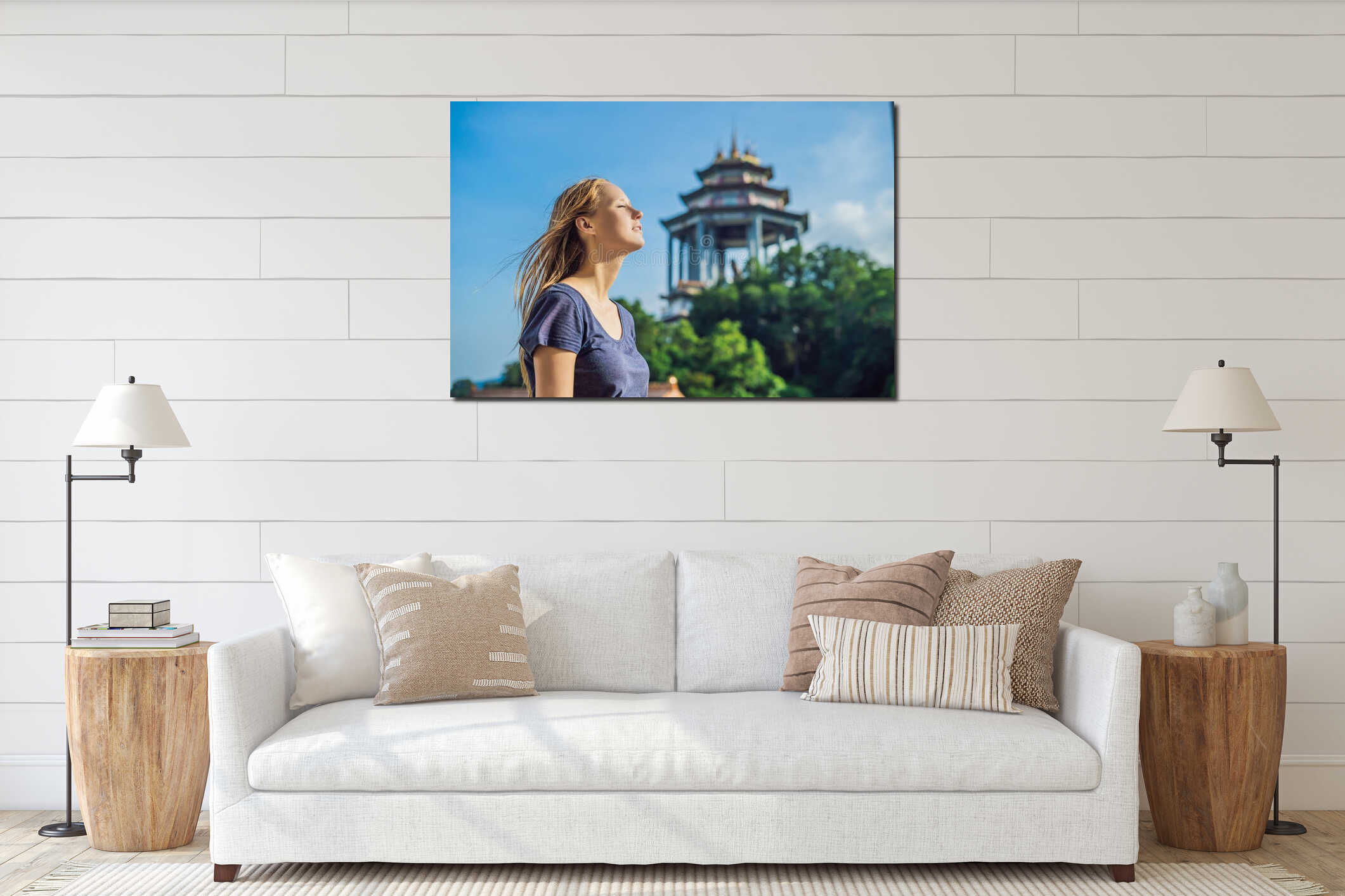 Young woman tourist in Buddhist temple Kek Lok Si in Penang, Malaysia, Georgetown interior mockup