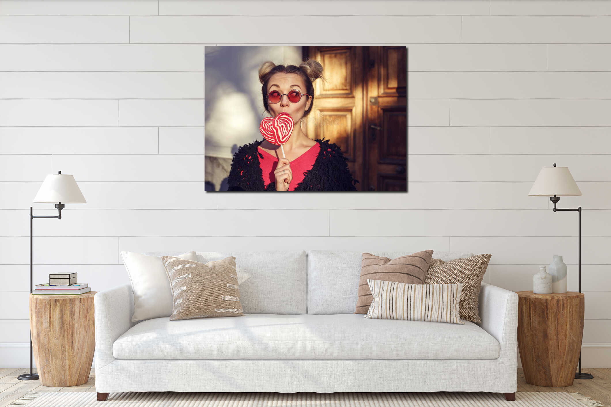 Blonde girl in rose glasses licking a lollipop interior mockup