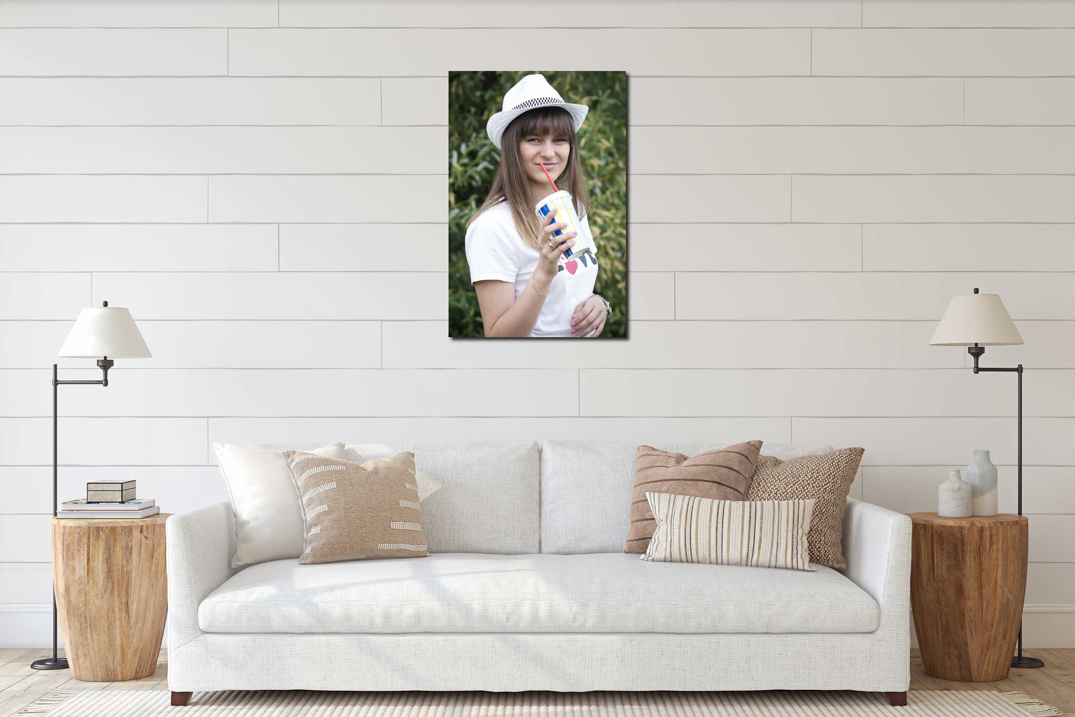 Portrait cute young girl in hat with coctail interior mockup