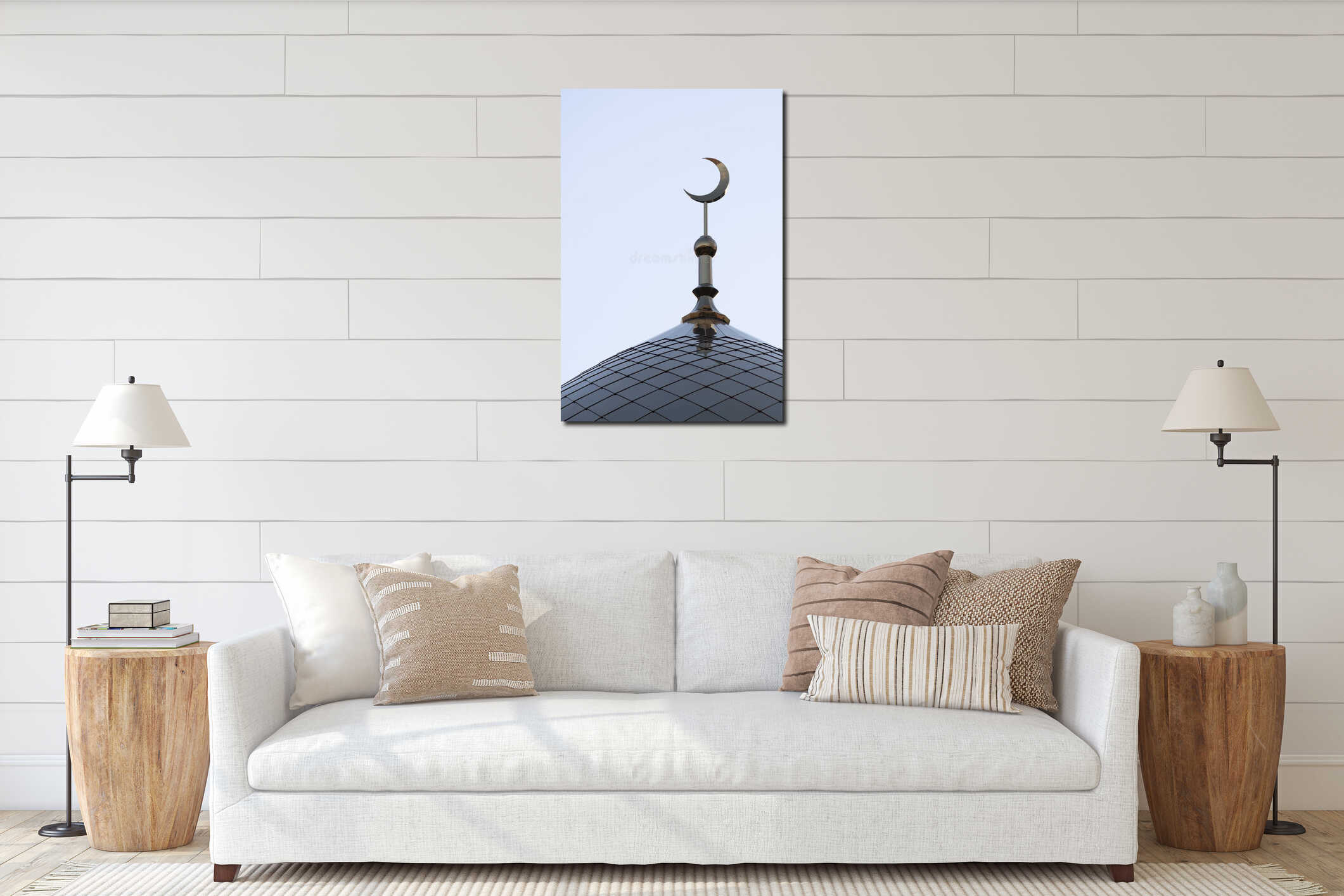 The symbol of Islam is a golden crescent moon on a blue evening or morning sky. The top of the mosque minaret. Vertical picture. interior mockup