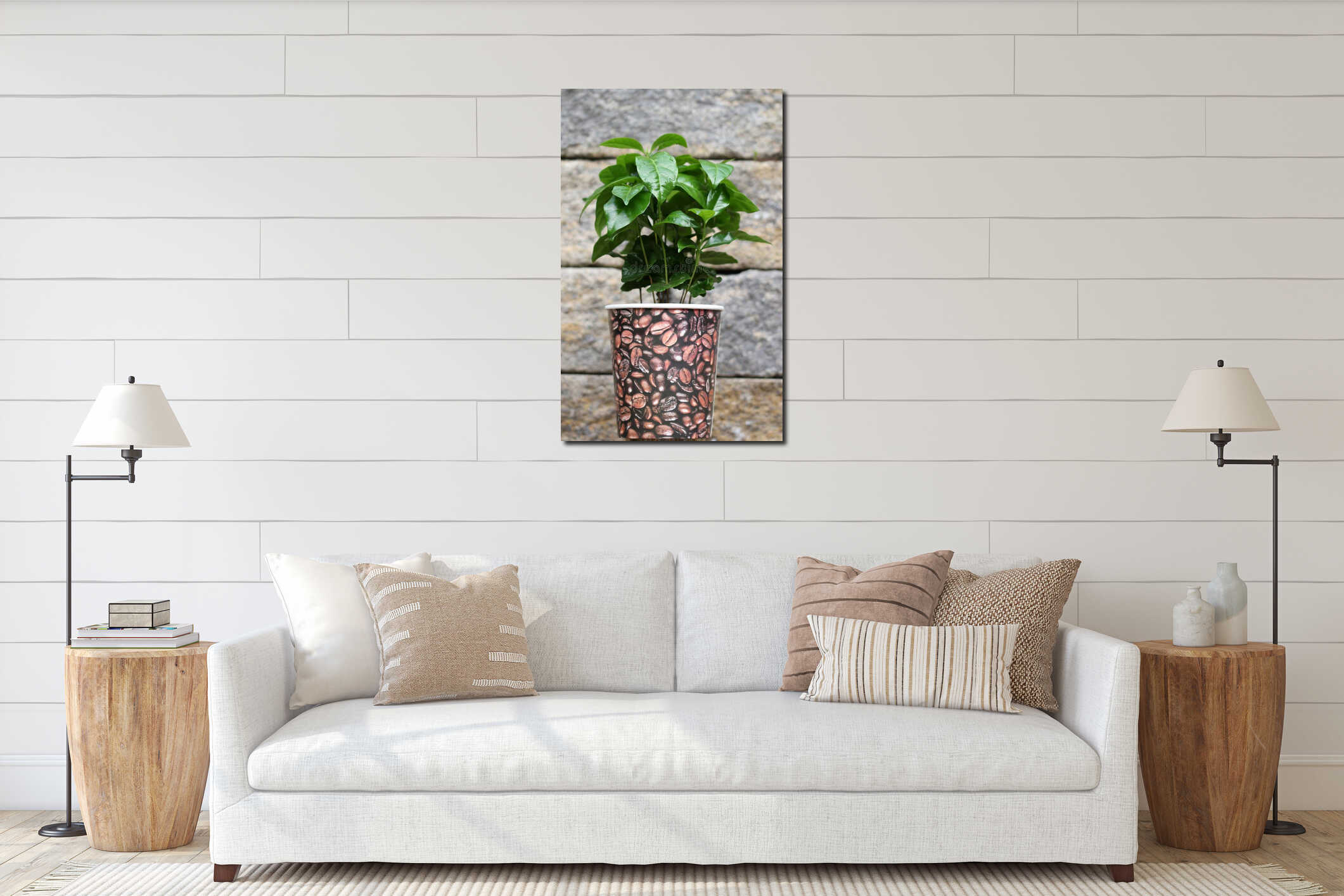 Young coffee plant in the pot in front of a stone wall interior mockup