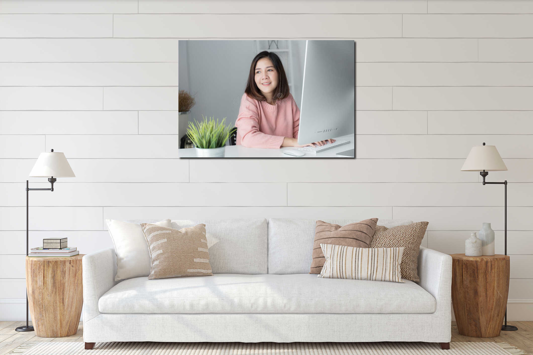 New generation asians business woman using computer , Asian women sitting smiling while working at home interior mockup