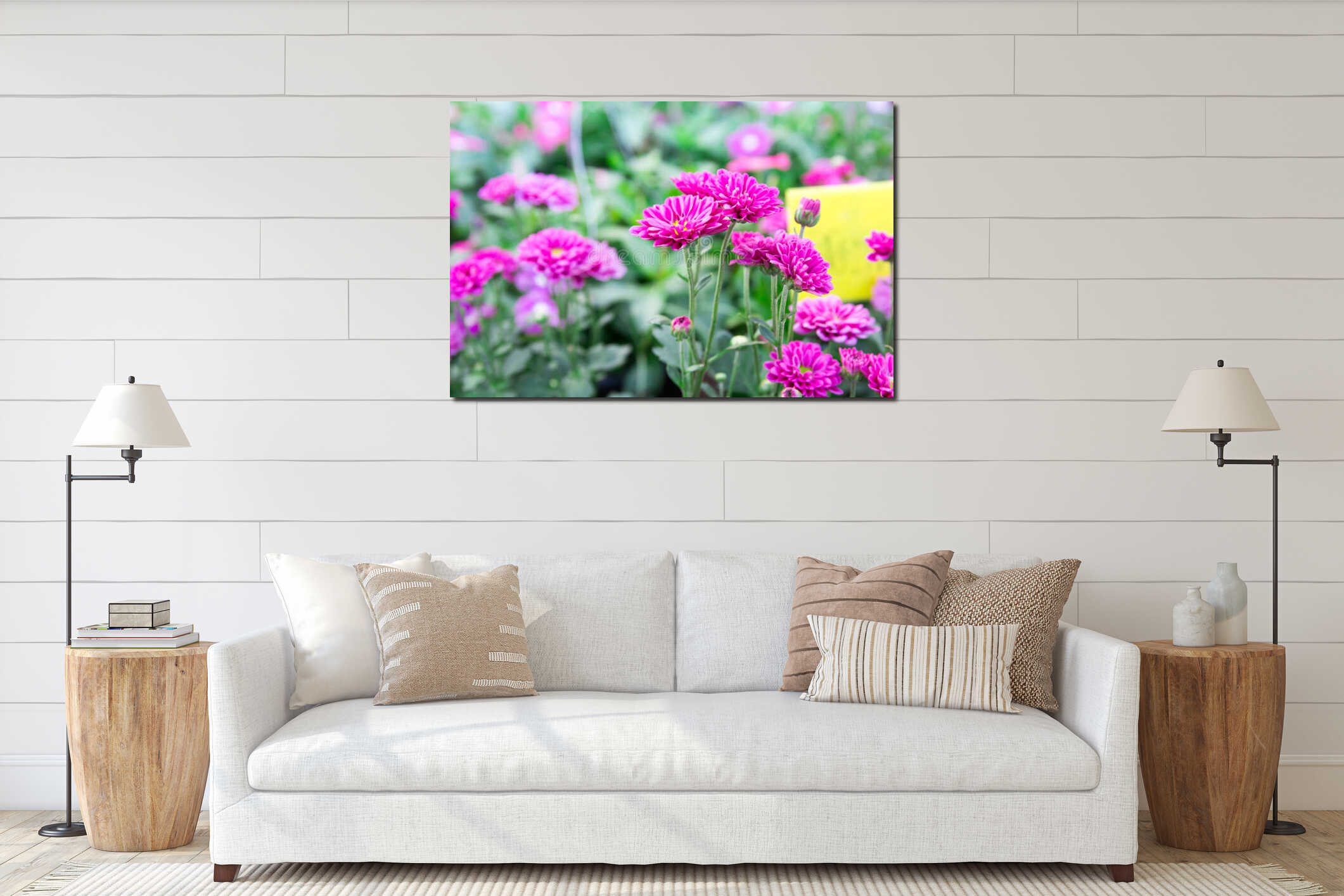 The pink gerbera daisies flowers spring flowers on the at sunset interior mockup