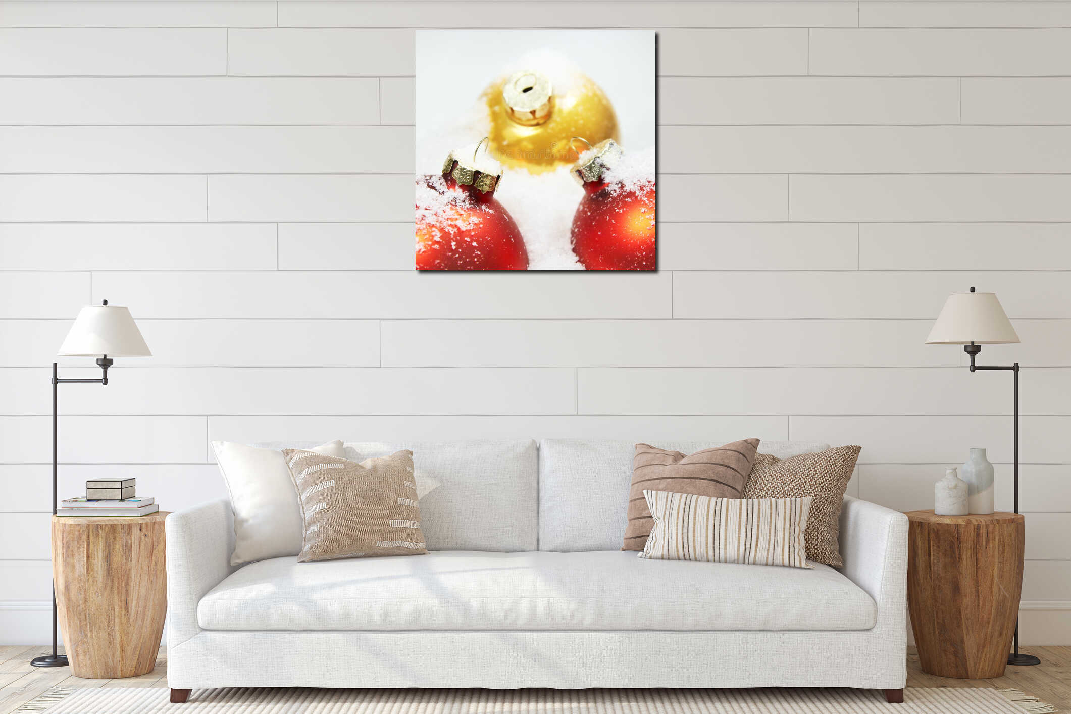 Close-up of Red & Gold Christmas Balls in Snow interior mockup