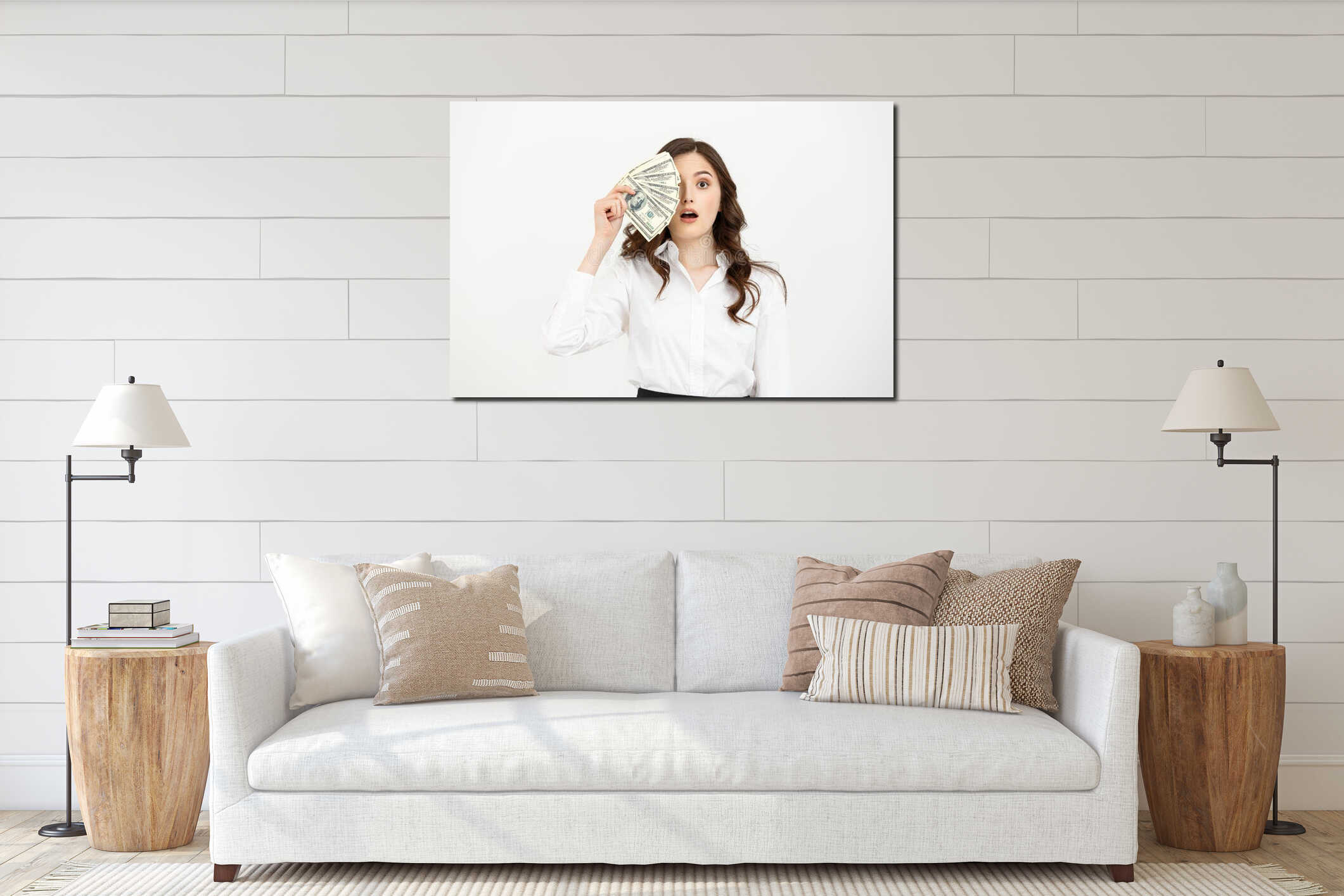 Portrait shocked young business woman standing and holding money over white background. interior mockup