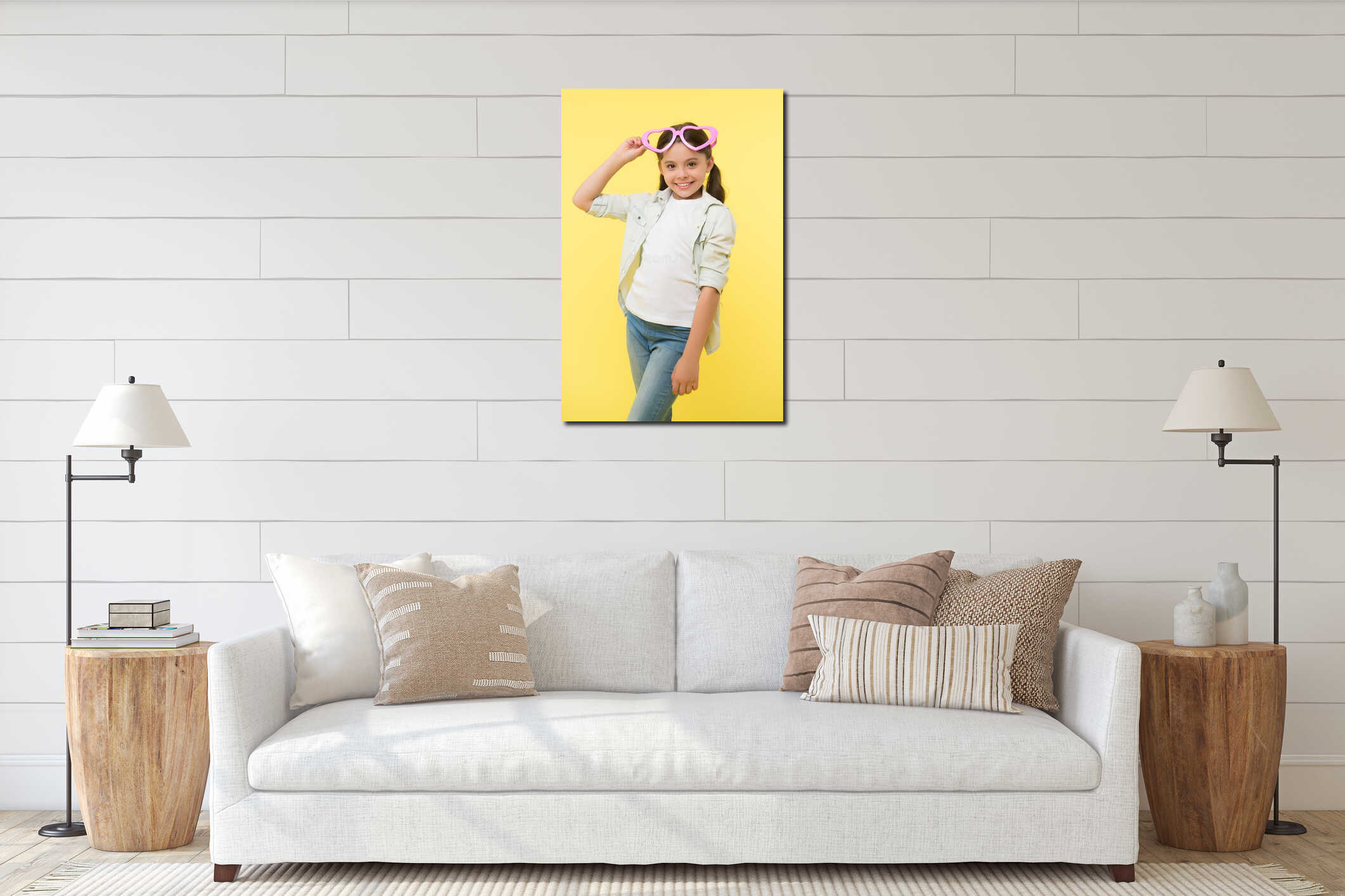 Be my valentine. Child charming smile yellow background. Kid happy lovely feels sympathy. Kid girl heart shaped interior mockup