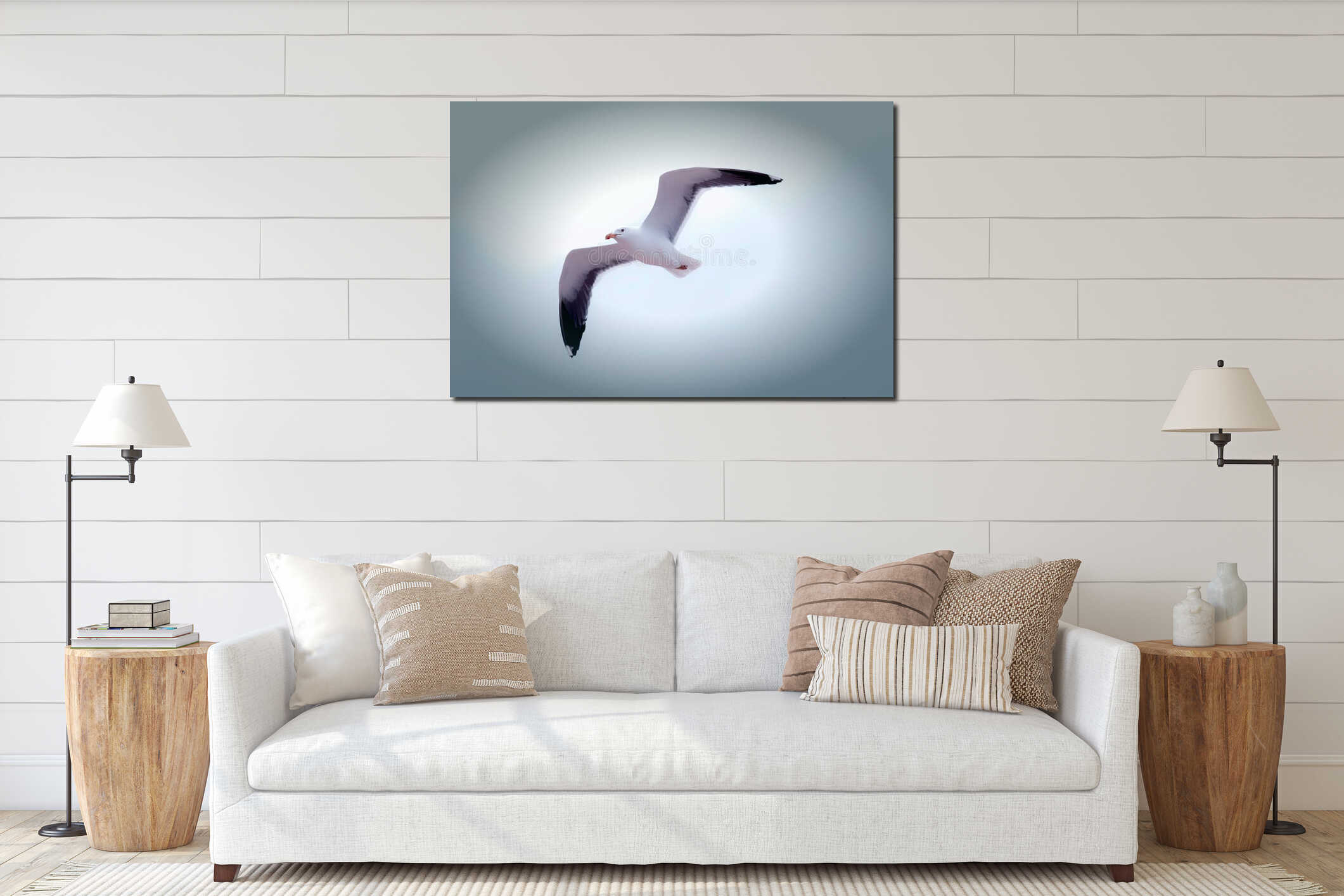 Freedom. Serene white seagull flying. Beautiful sea bird gliding interior mockup
