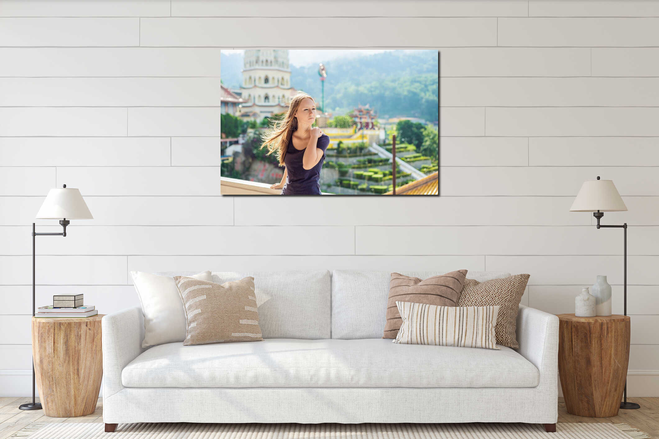 Young woman tourist in Buddhist temple Kek Lok Si in Penang, Malaysia, Georgetown interior mockup