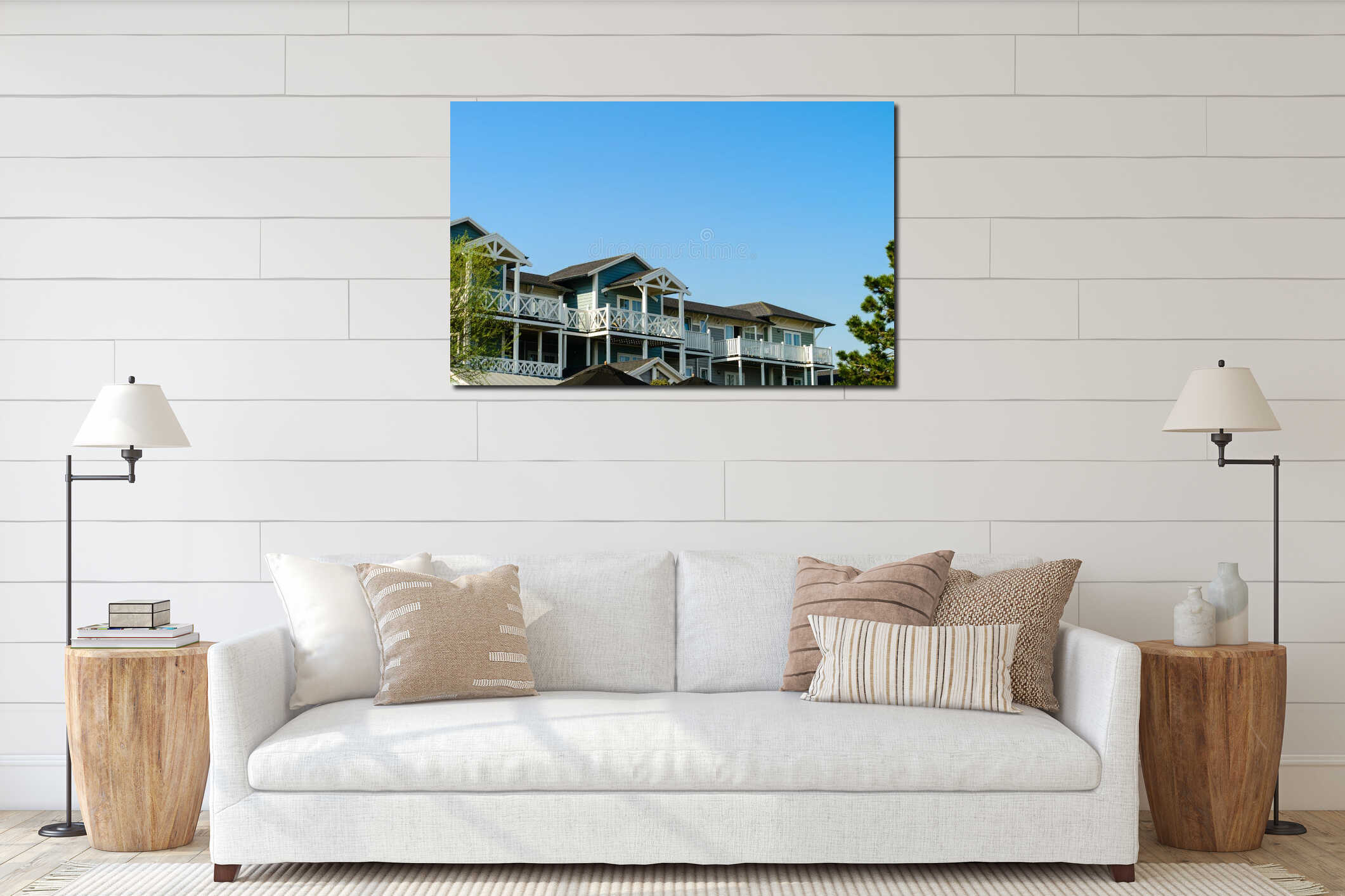 Exterior low angle view of white hotel facade with railings and interior mockup