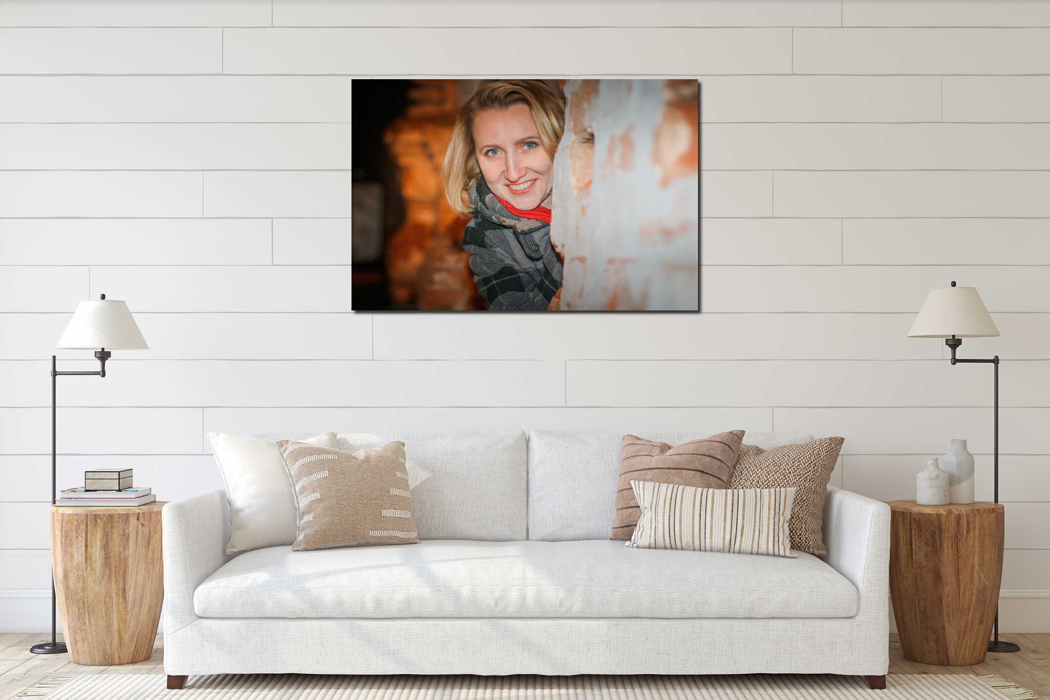 Night portrait blonde girl in a warm coat interior mockup