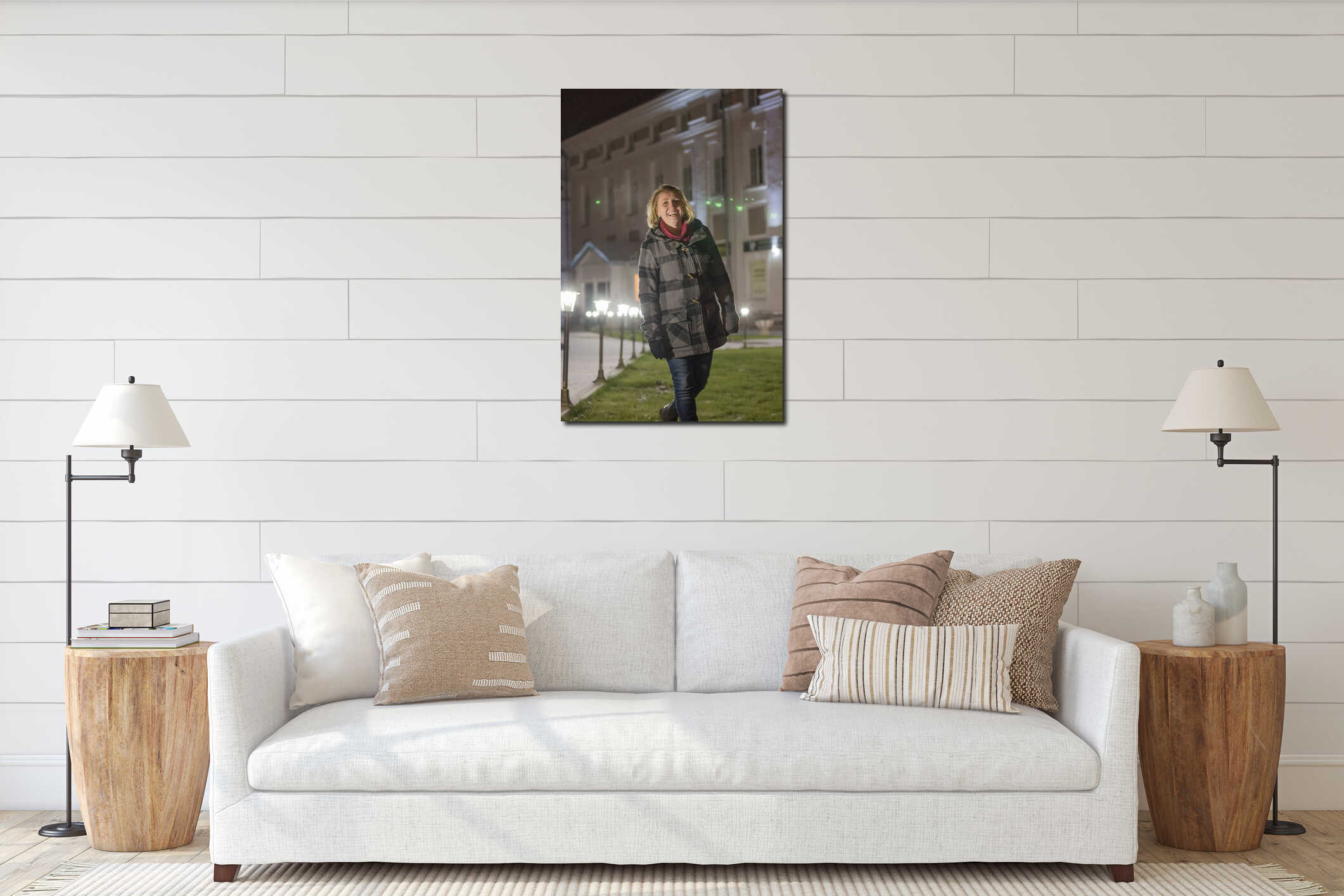 Night portrait blonde girl in a warm coat interior mockup