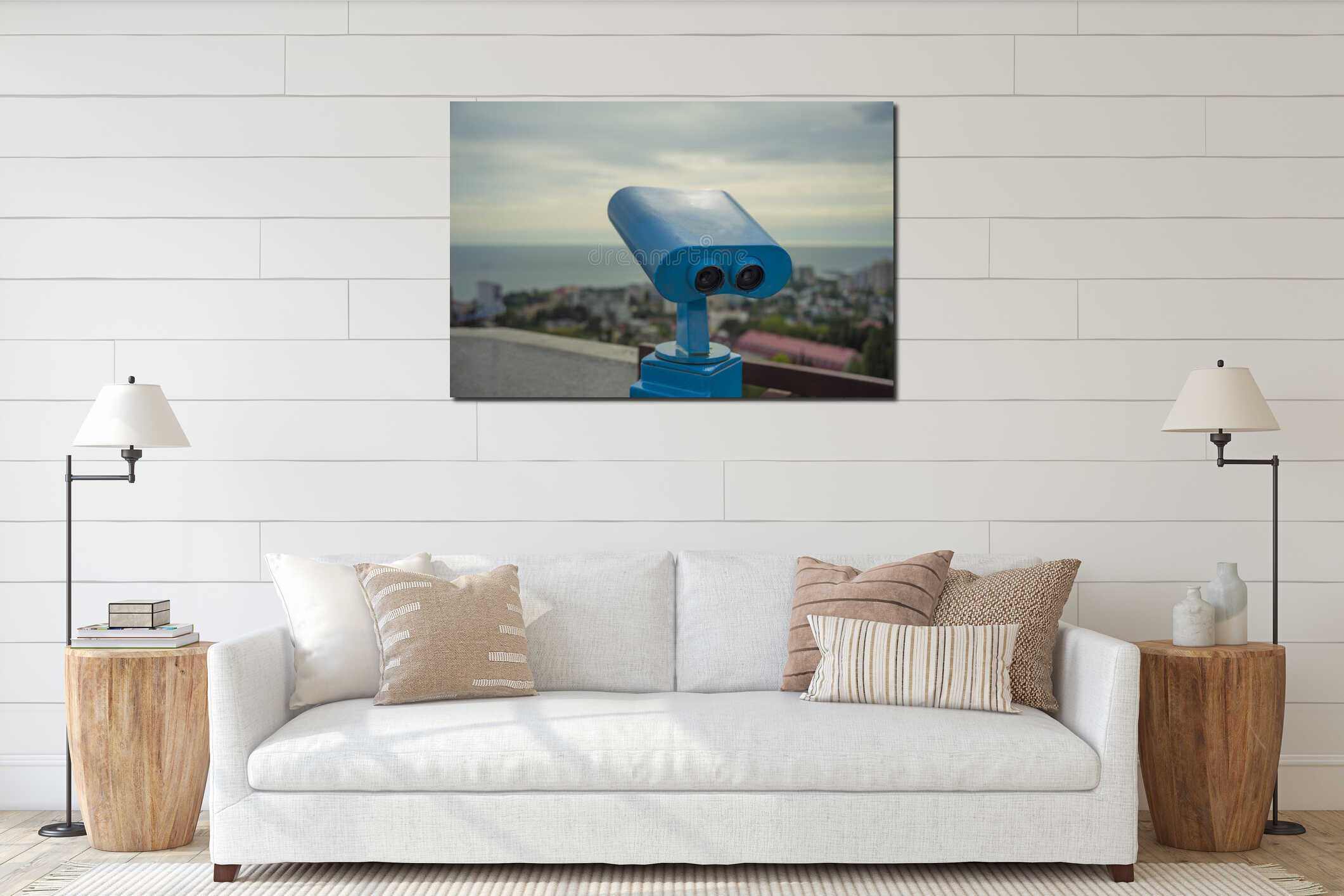 Blue binoculars on the observation deck on the background interior mockup