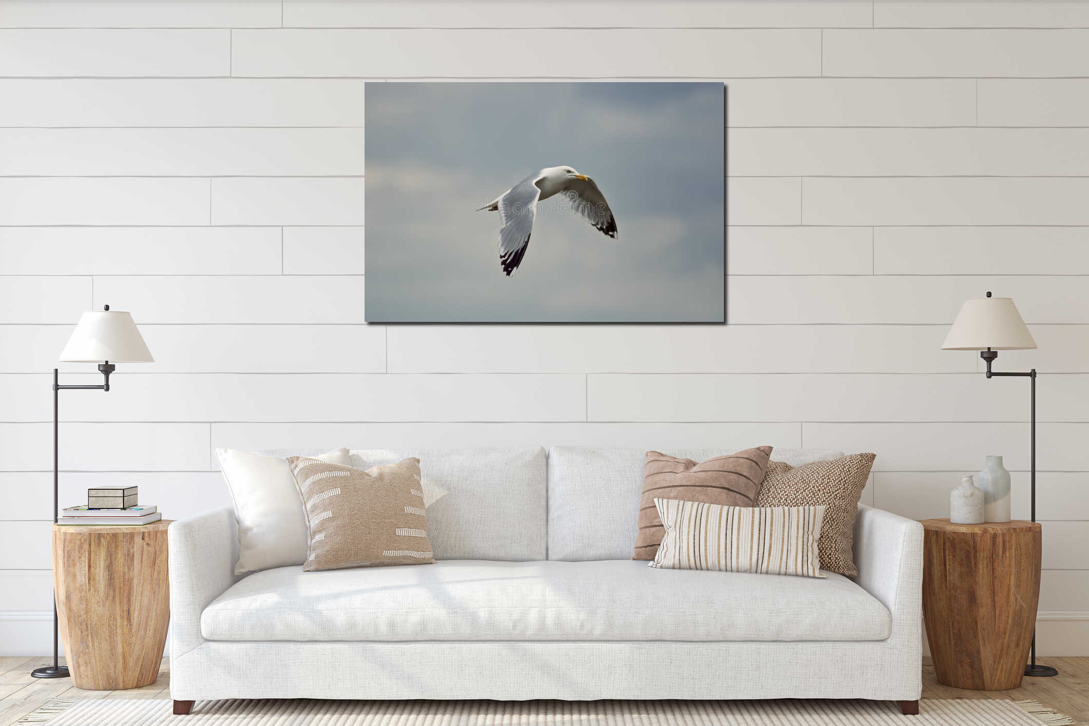 Aesthetic painterly image of a seagull flying. Serene nature image. interior mockup