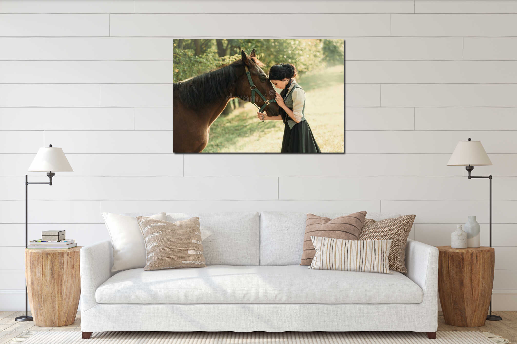A young lady in a vintage dress, with tenderness and with affection hugs her horse. An ancient, collected hairstyle, a interior mockup