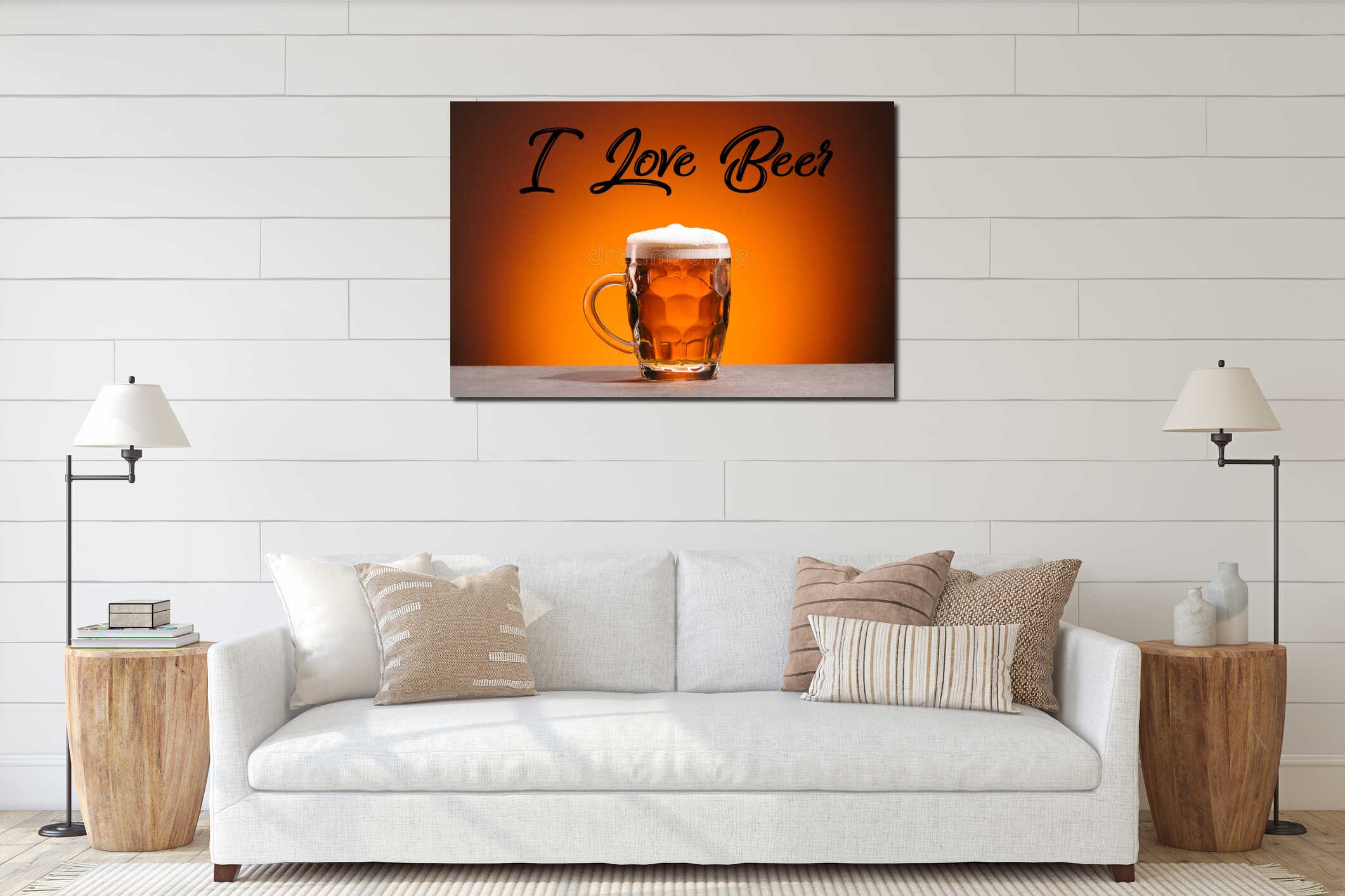 close up view of mug of cold beer and i love beer lettering interior mockup