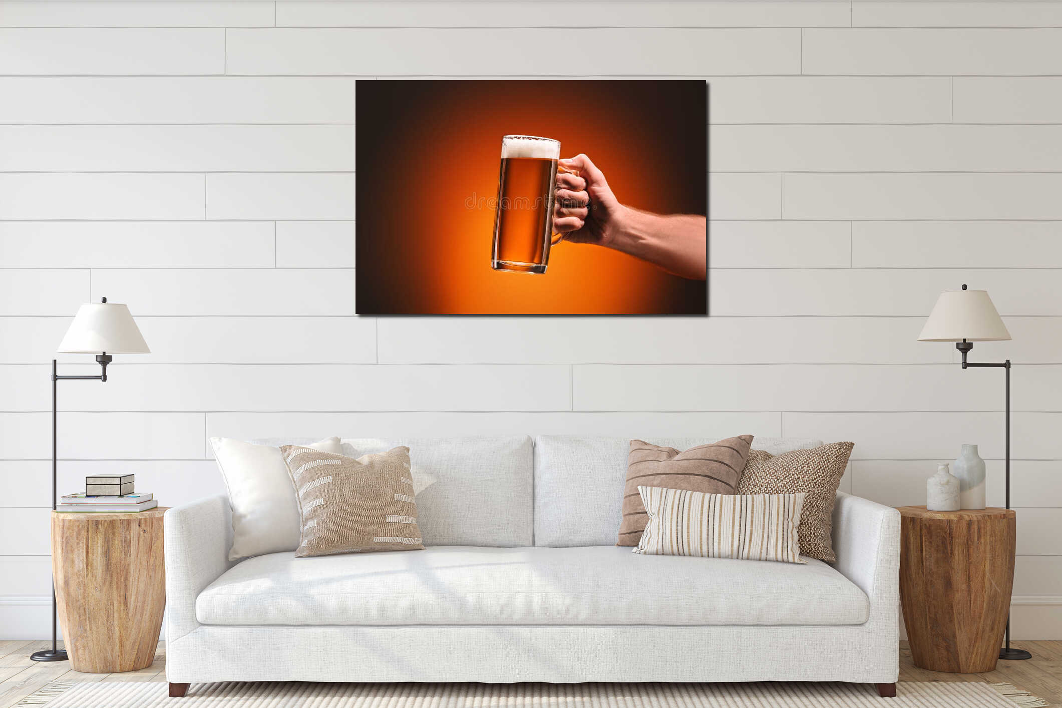 cropped shot of man holding mug of cold beer interior mockup
