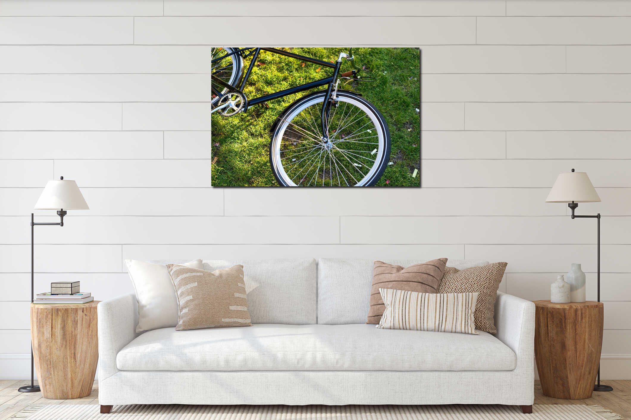close up view of retro bicycle lying on green grass interior mockup
