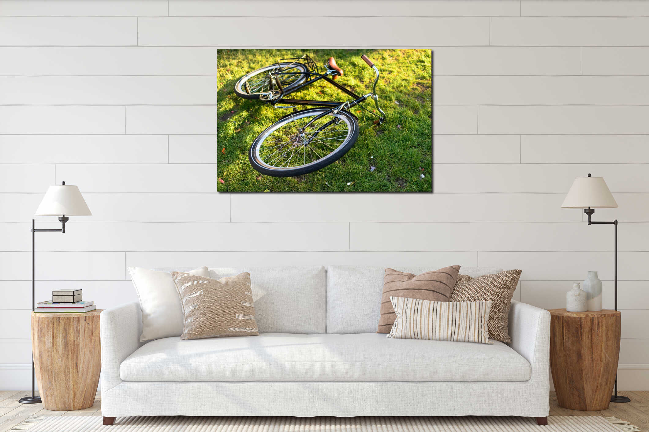close up view of retro bicycle lying on green grass interior mockup