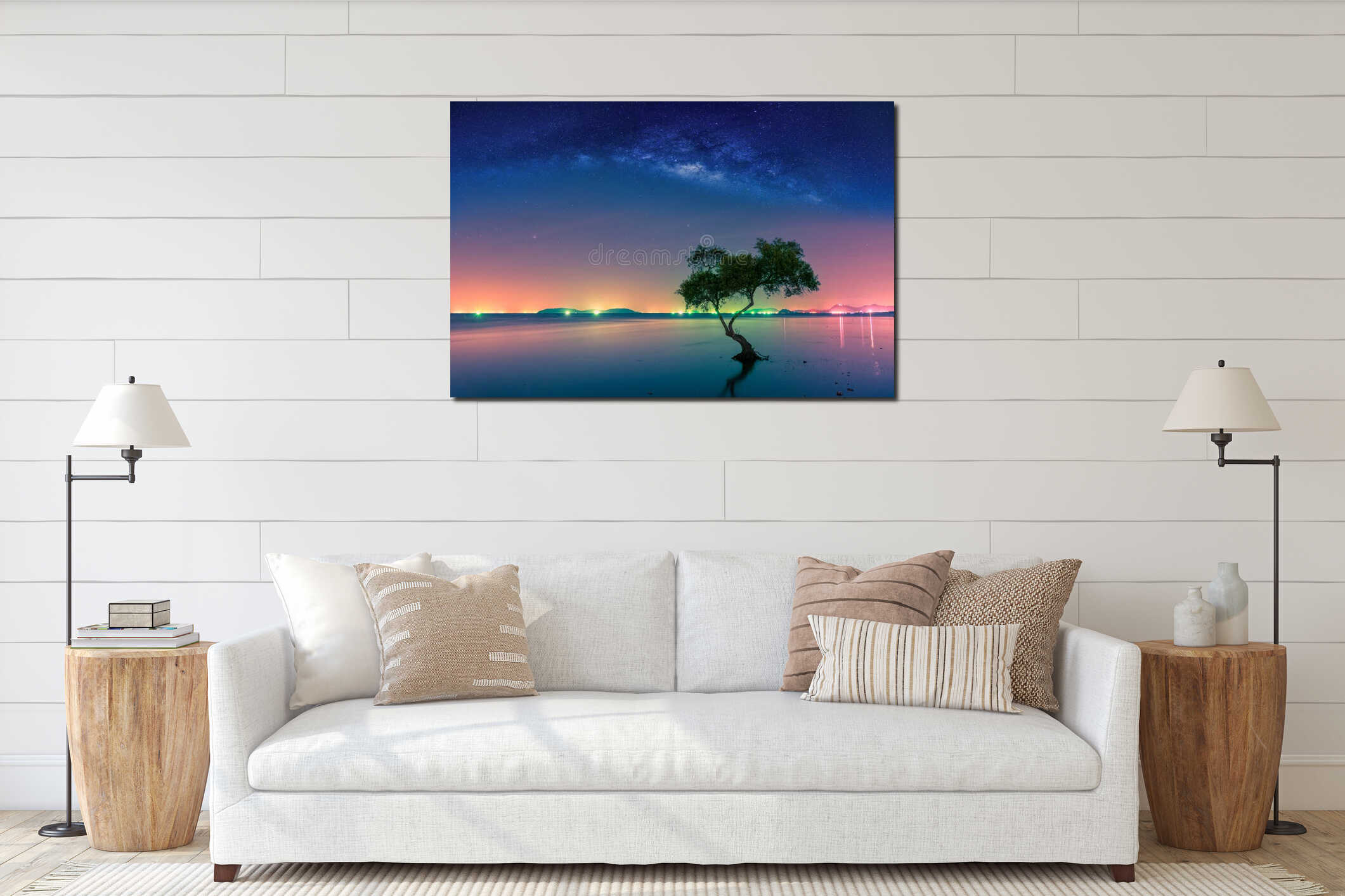 Landscape with Milky way galaxy. Night sky with stars and silhouette mangrove tree in sea. Long exposure photograph. interior mockup