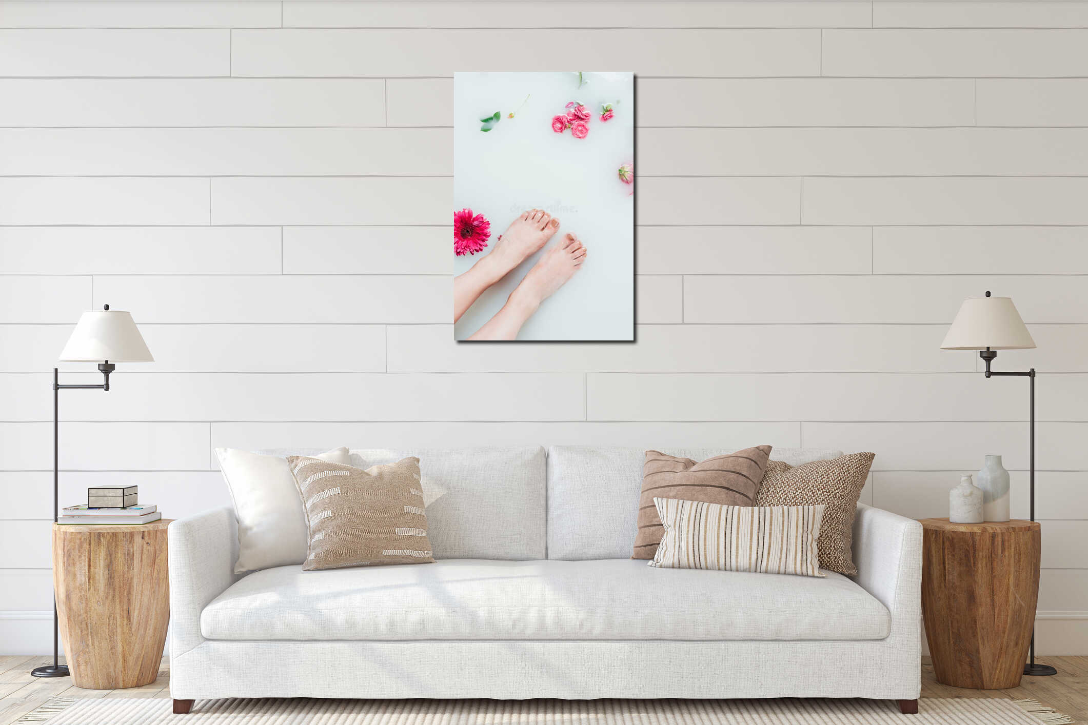 partial view of female feet and beautiful colorful flowers interior mockup