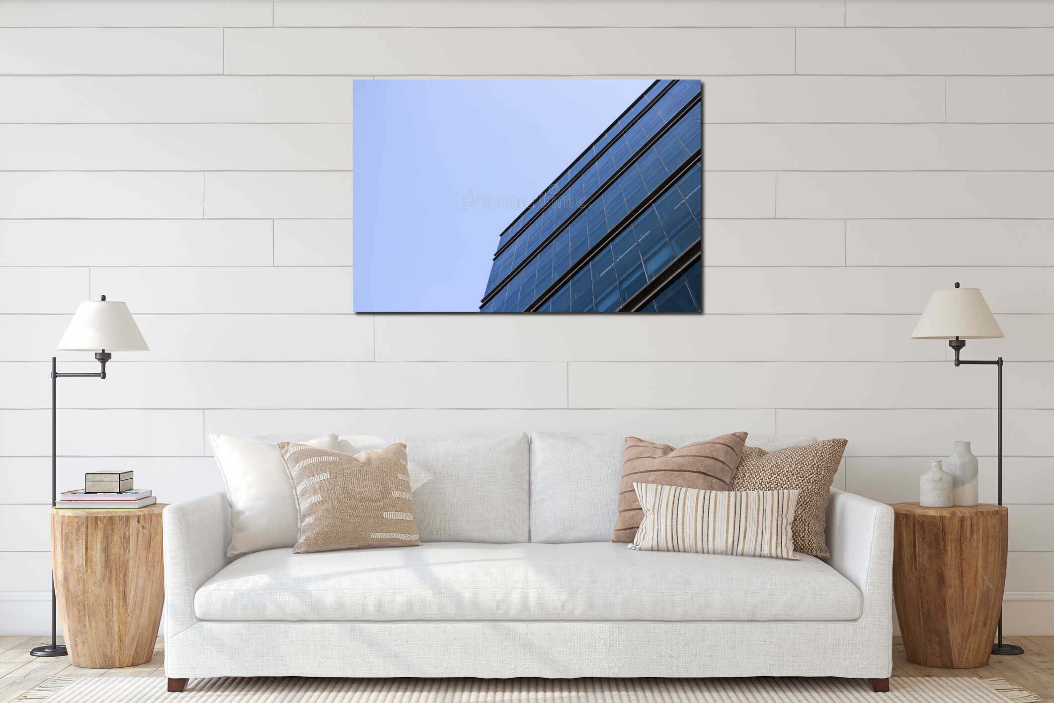 Side low angle view of a blue glass window wall of an office building. interior mockup