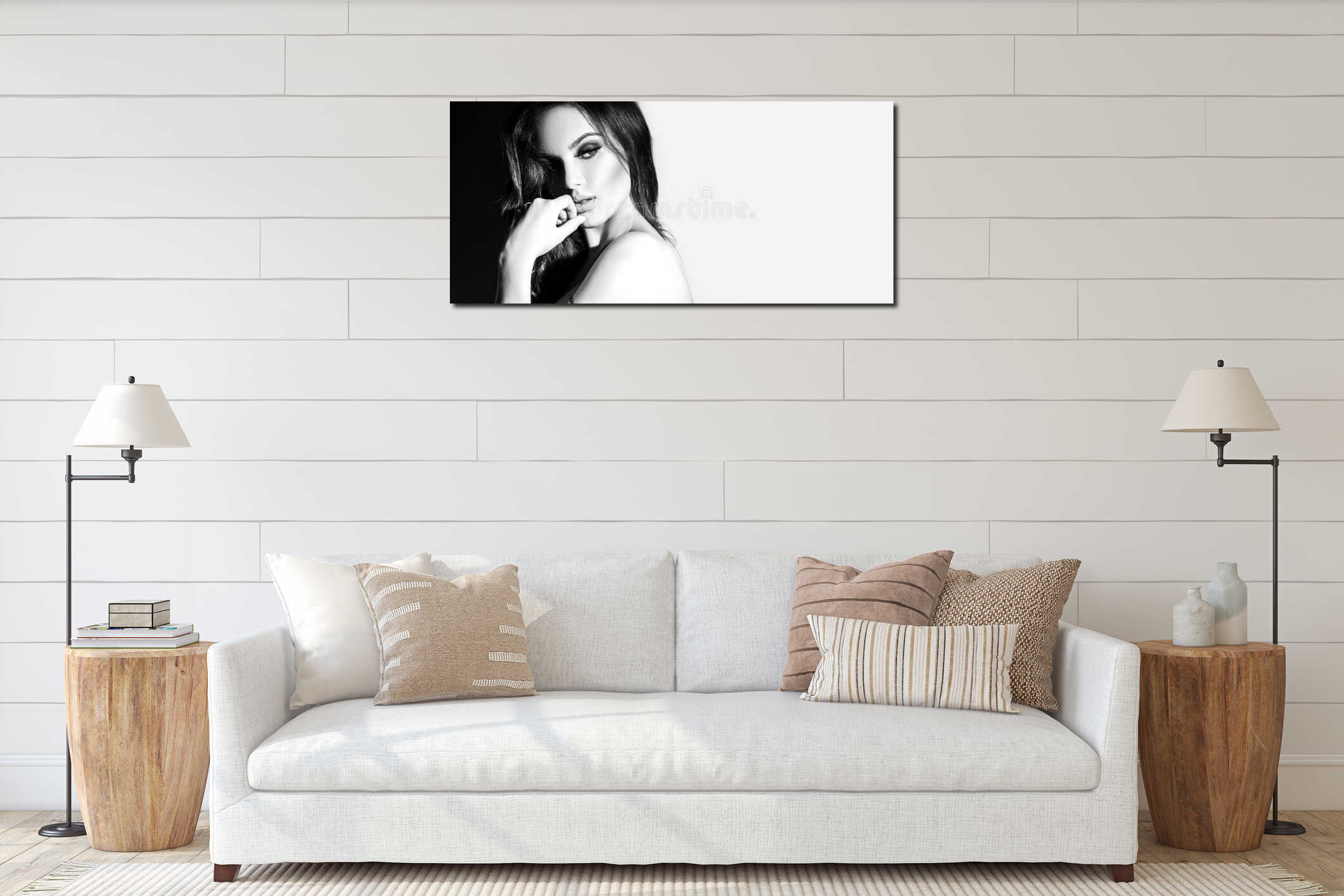 young woman black and white portrait. Seductive young woman with long hair interior mockup