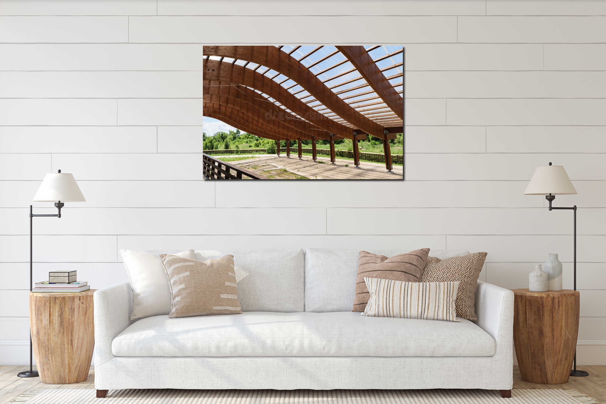 Massive wood beams roof structure with S curved shaped and covered with transparent polycarbonate sheet interior mockup