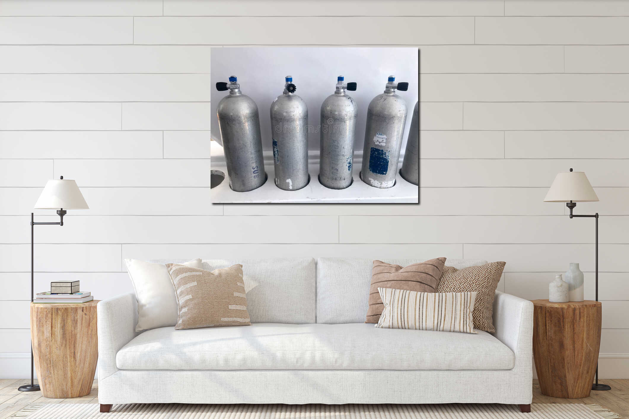 Four large metal, aluminum oxygen bottles for breathing, diving with valves, gearboxes stand on special stands on board a boat, sh interior mockup