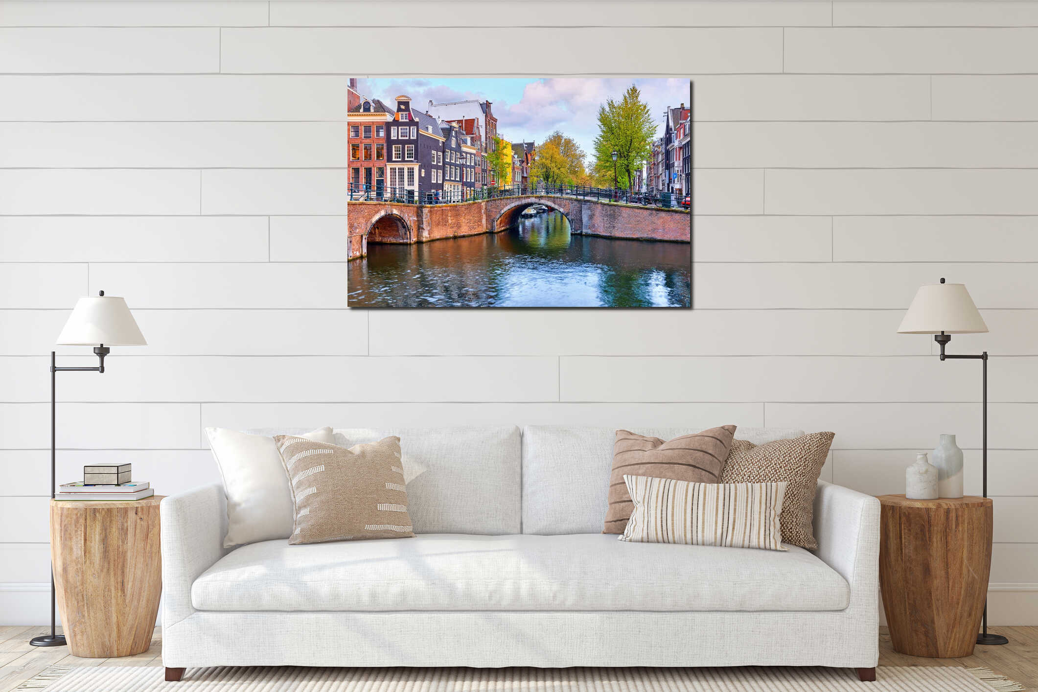 Bridge over channel in Amsterdam Netherlands houses river Amstel interior mockup