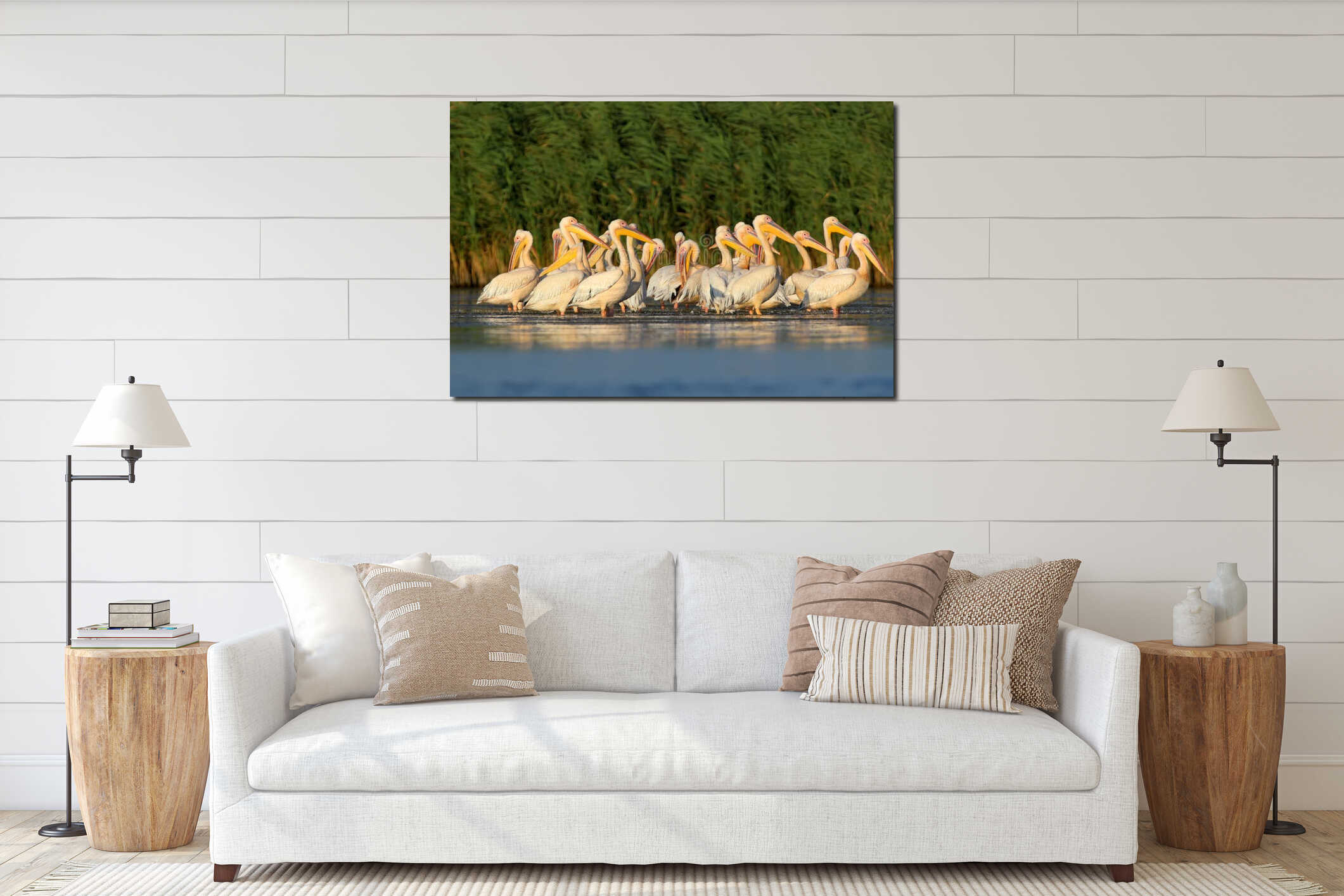 Large flock of a white pelicans rests on the water interior mockup