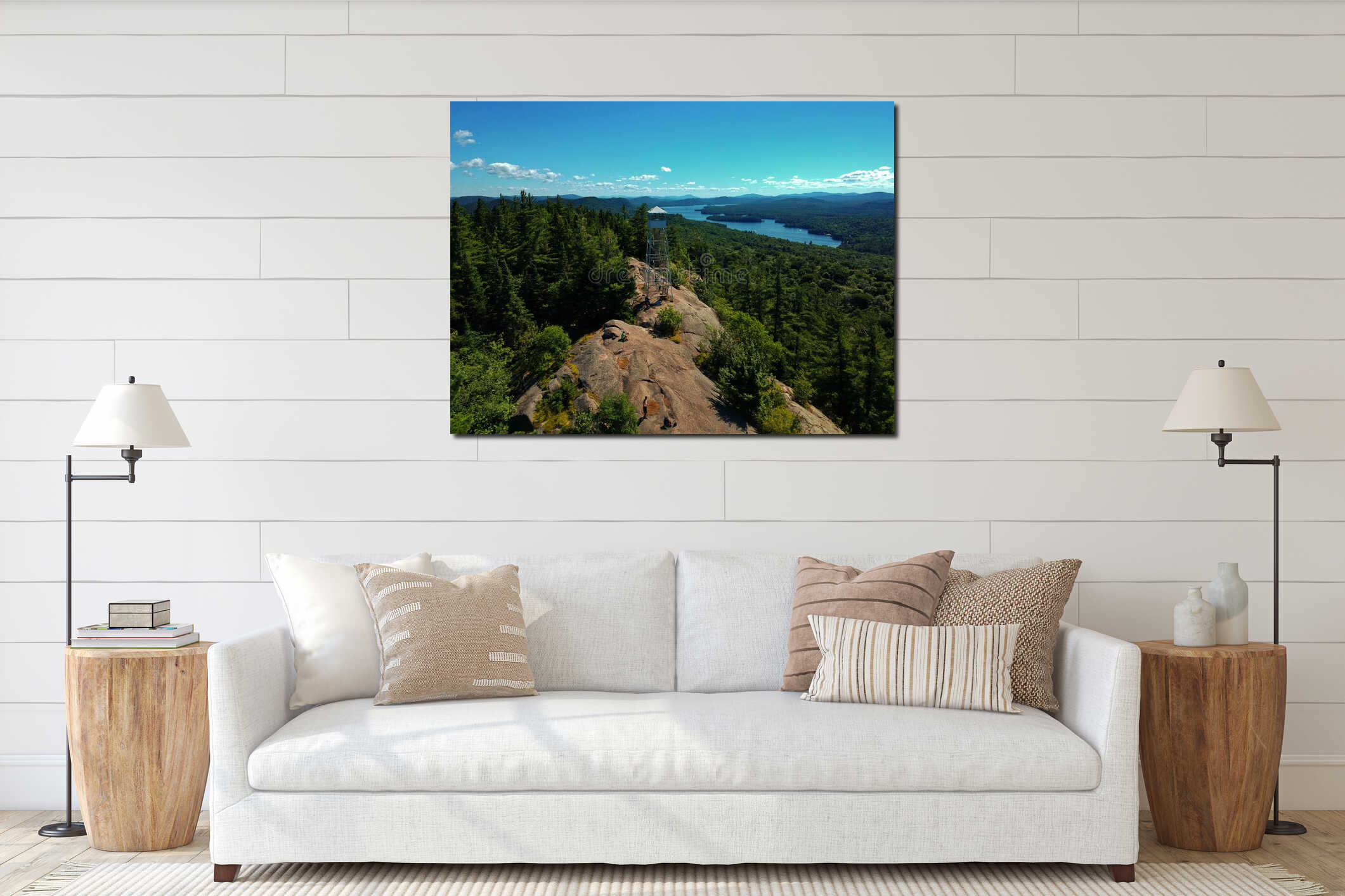 Aerial drone shot of firetower on the summit in the Adirondack Mountains interior mockup