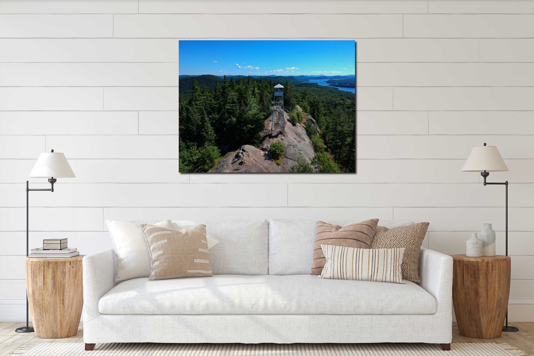 Aerial drone shot of firetower on the summit in the Adirondack Mountains interior mockup