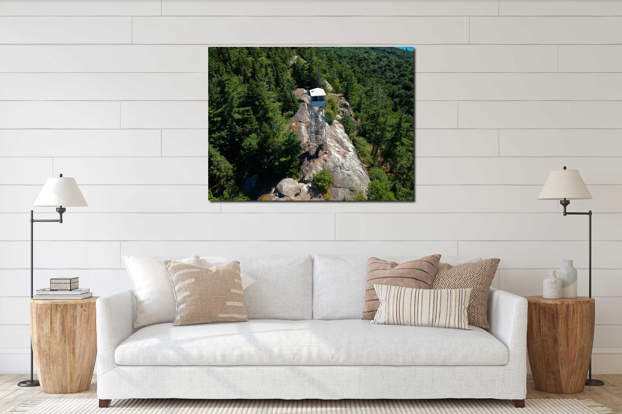 Aerial drone shot of firetower on the summit in the Adirondack Mountains interior mockup