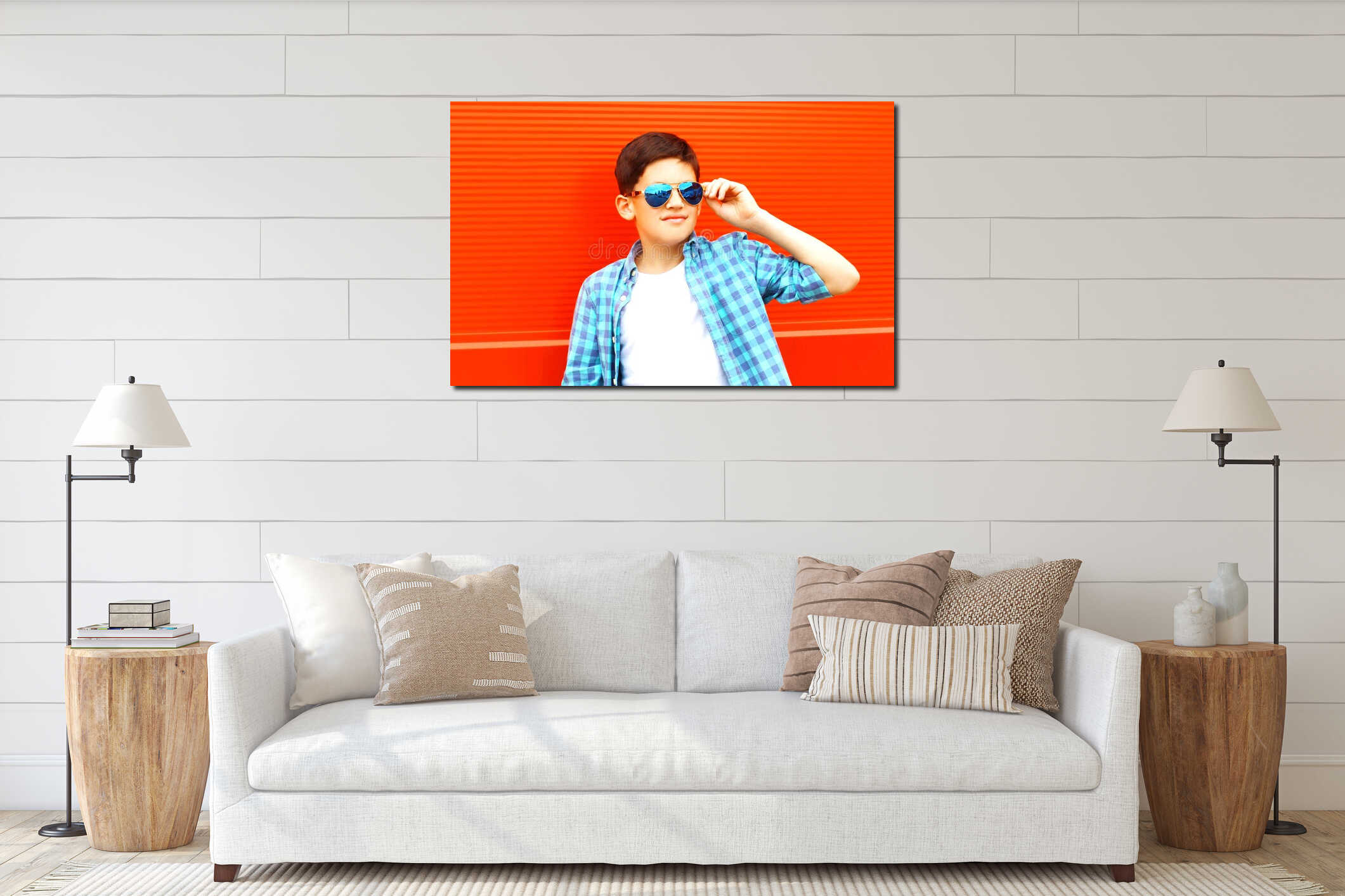 closeup portrait teenager boy in a sunglasses on a colorful interior mockup