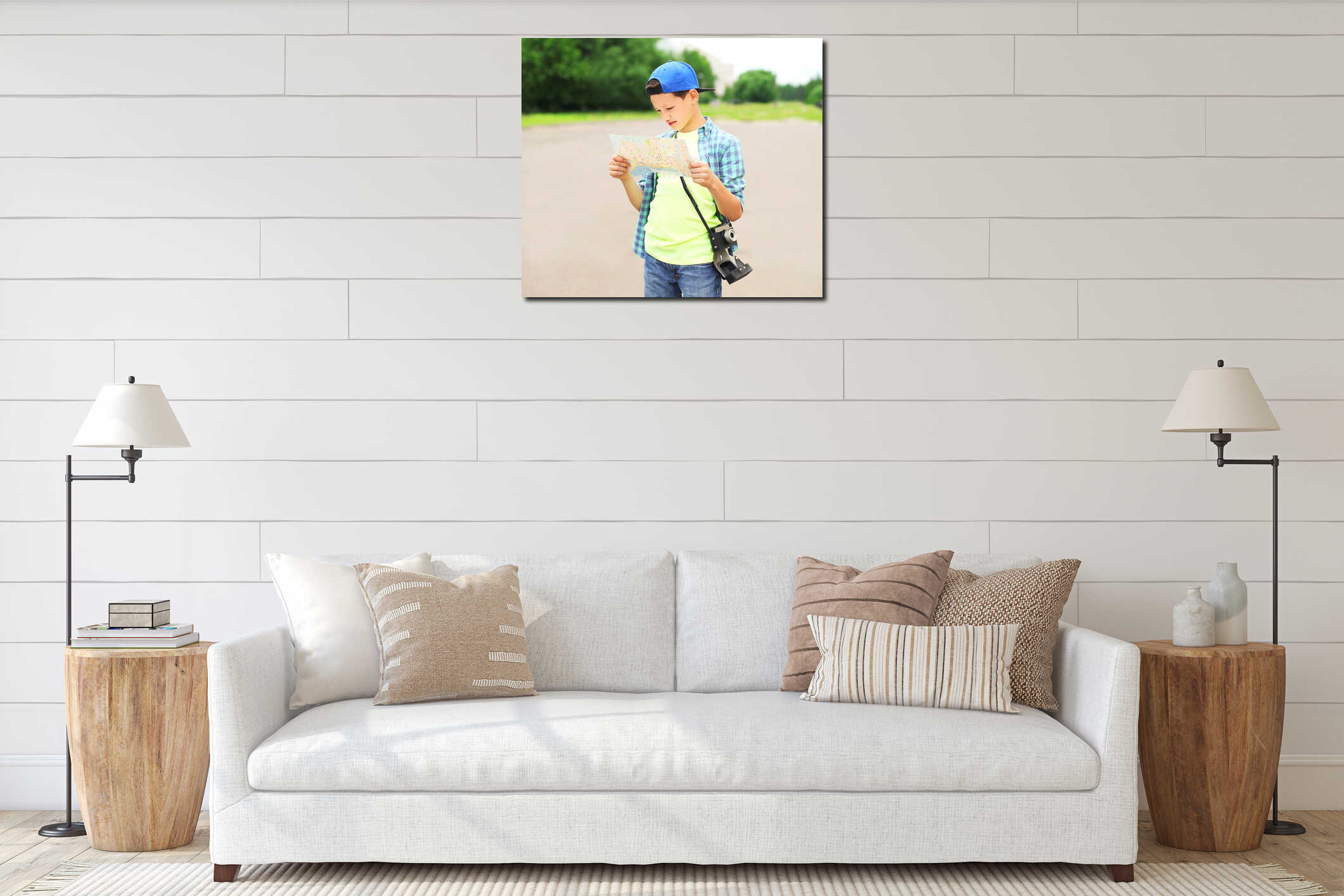 portrait teenager boy tourist sightseeing city with a paper map interior mockup