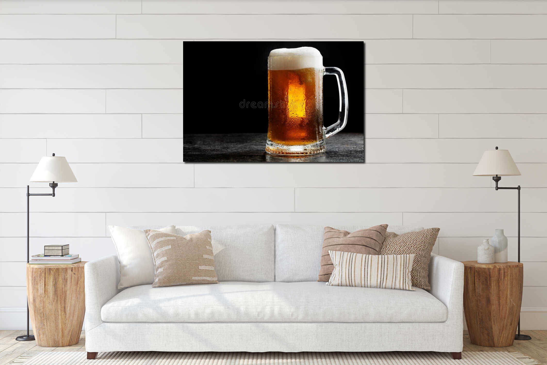 Mug of cold craft light beer on dark background interior mockup