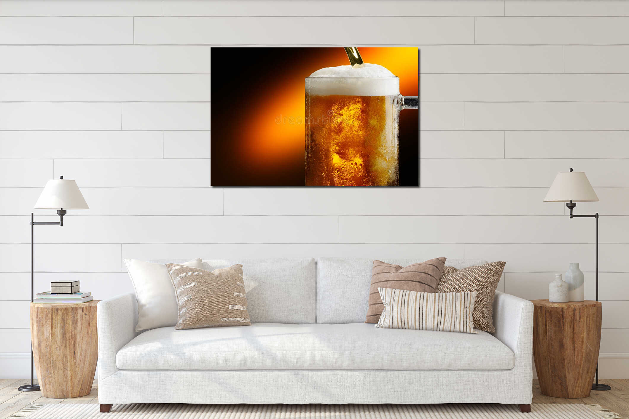 Mug of cold craft light beer on dark background interior mockup