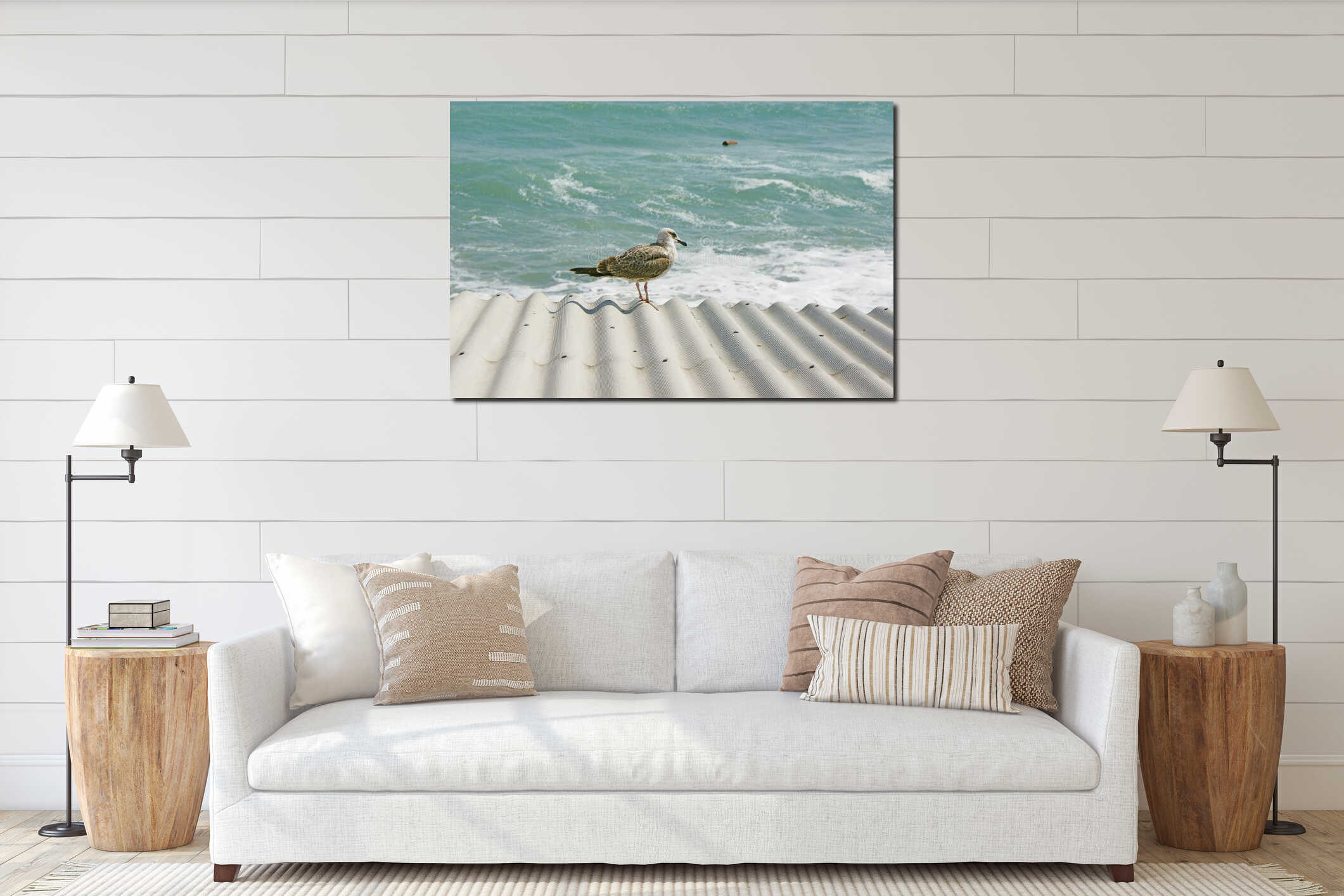 Seagull on edge of slate against sea interior mockup