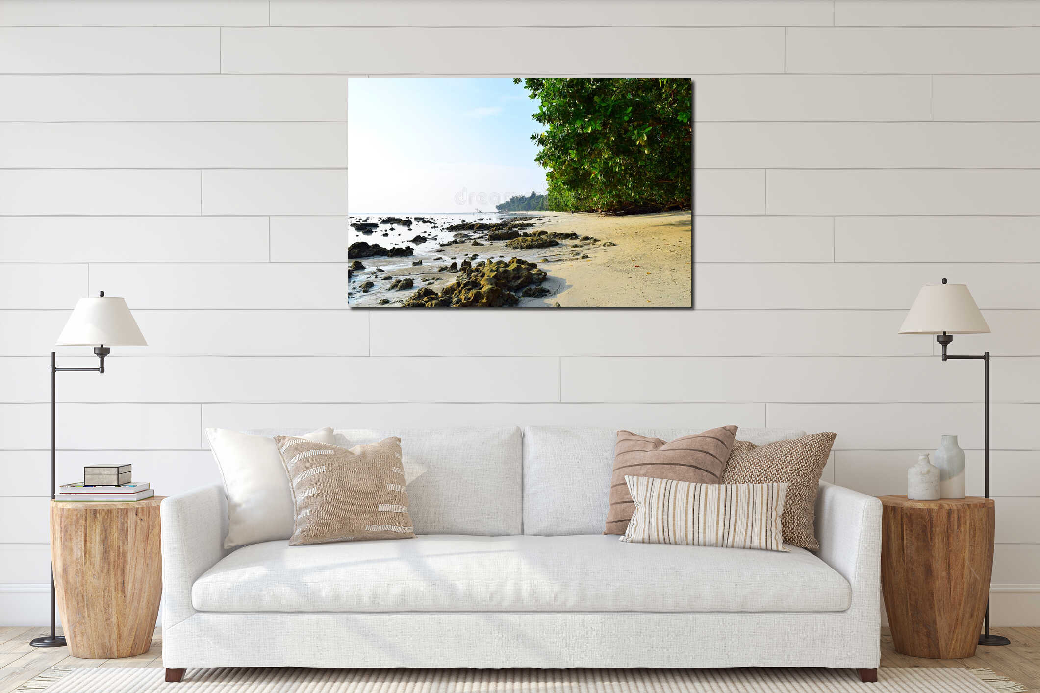 Serene Rocky Beach with Lush Green Mangroves on Bright Sunny Day - Vijaynagar, Havelock Island, Andaman, India interior mockup
