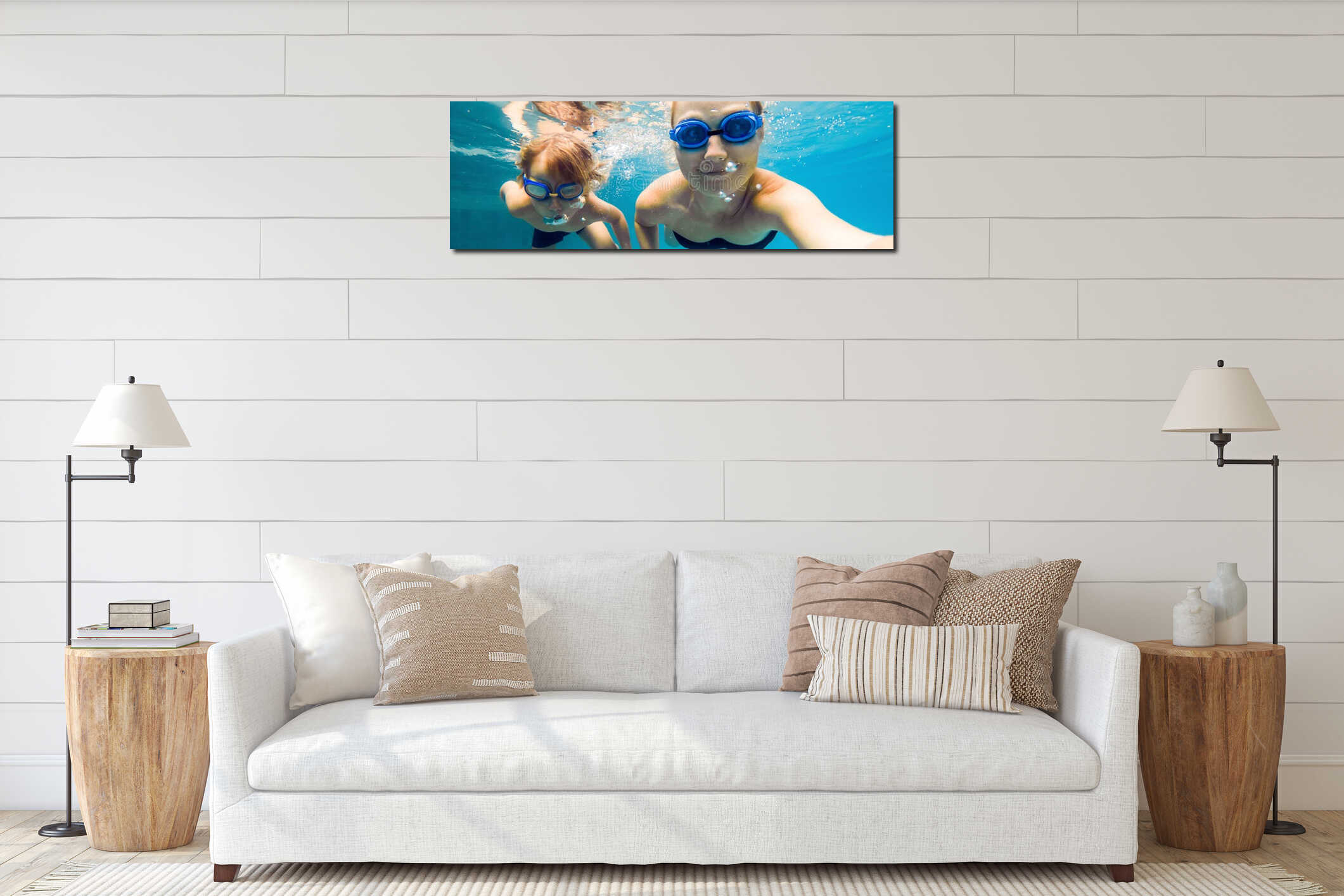 Mom and son in diving glasses swim in the pool under the water BANNER, long format interior mockup