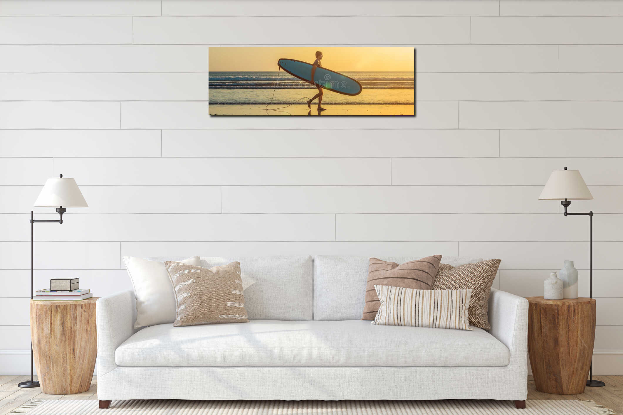 Vacation Silhouette Of A Surfer Carrying His Surf Board Home At Sunset With Copy Space BANNER, long format interior mockup