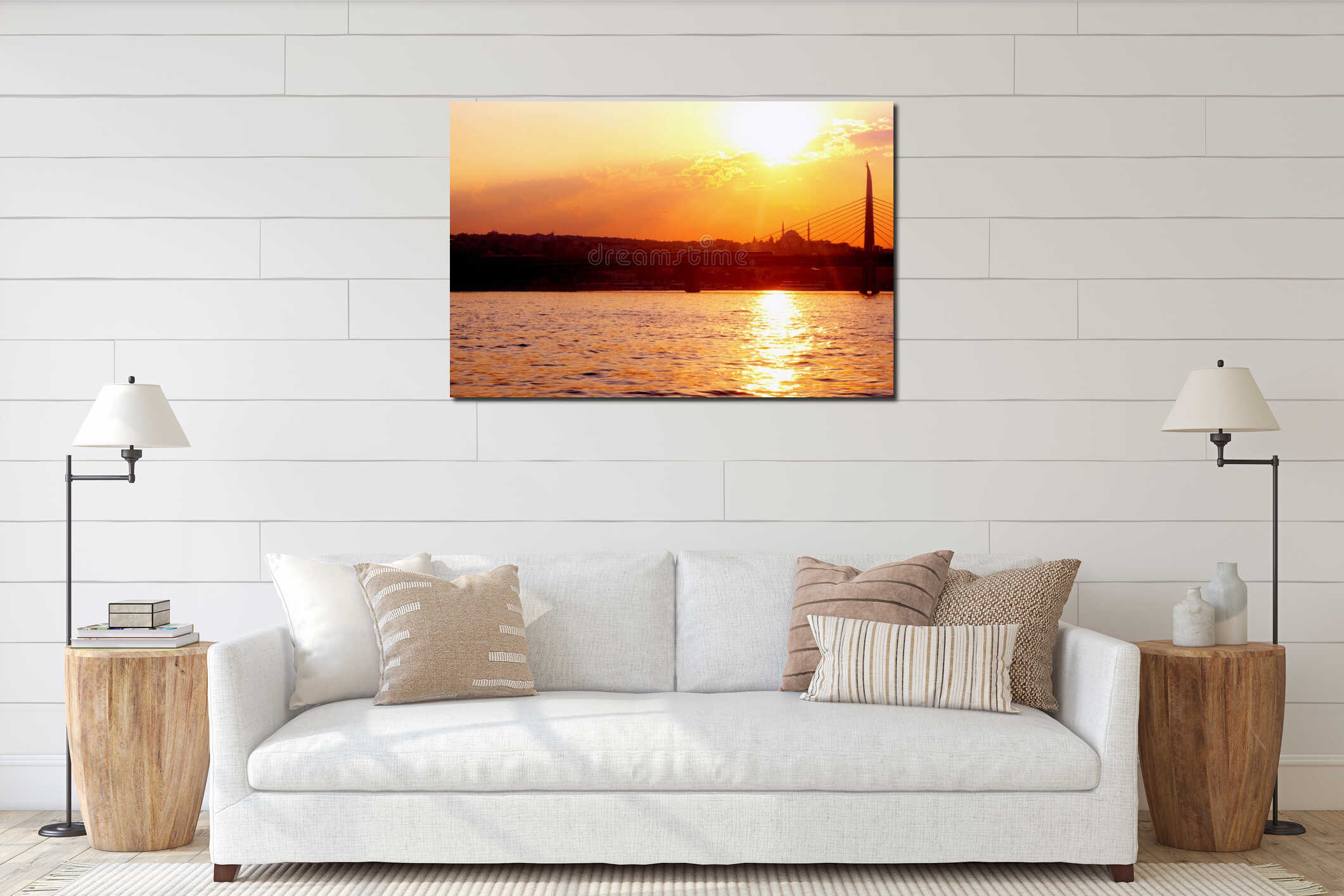 Sunset in Istanbul, Turkey. View of the mosque and the bridge. interior mockup