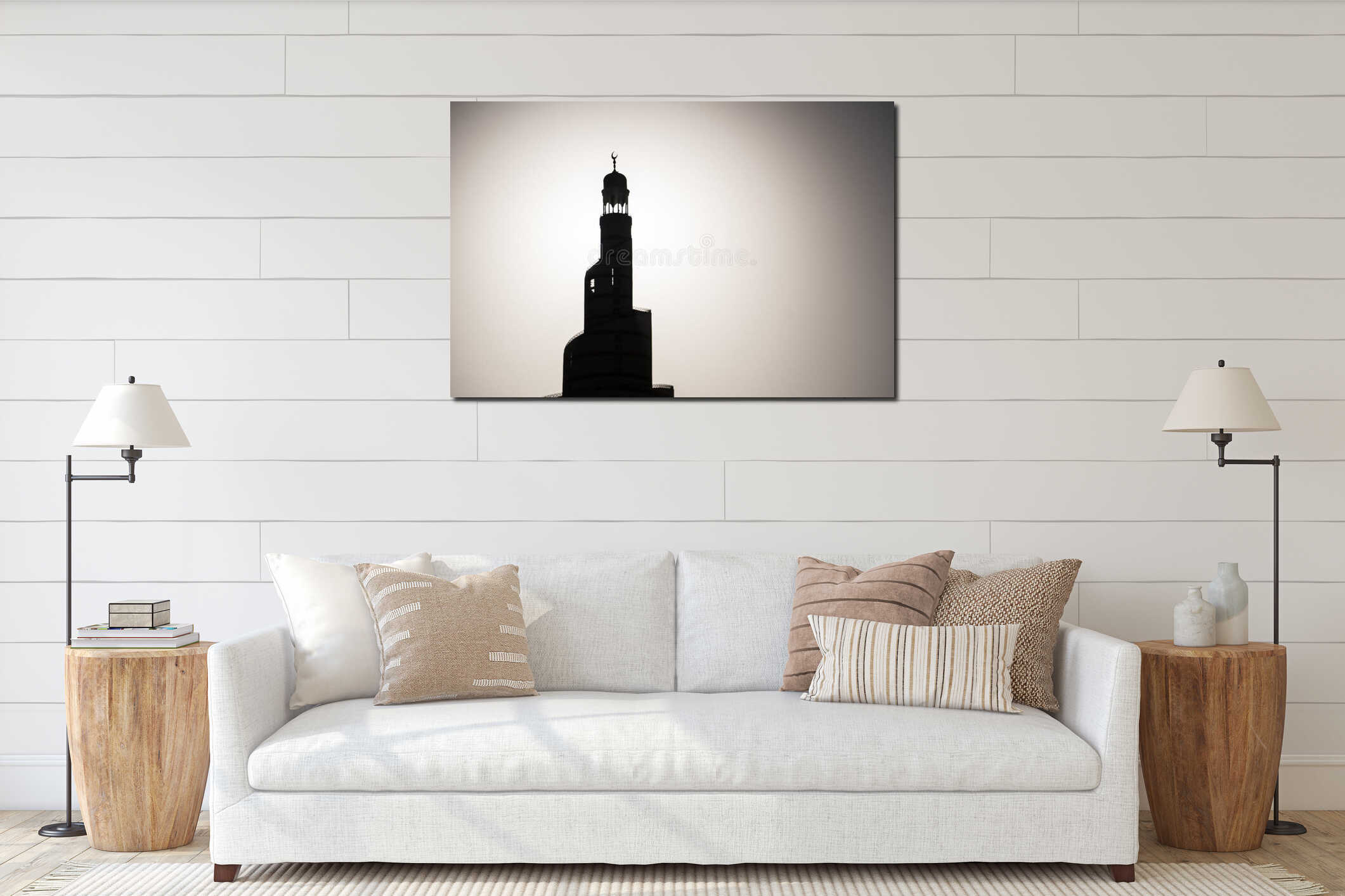 Silhouette of Islamic Mosque Minaret. Black and white. Monochrome. Minimalistic. interior mockup