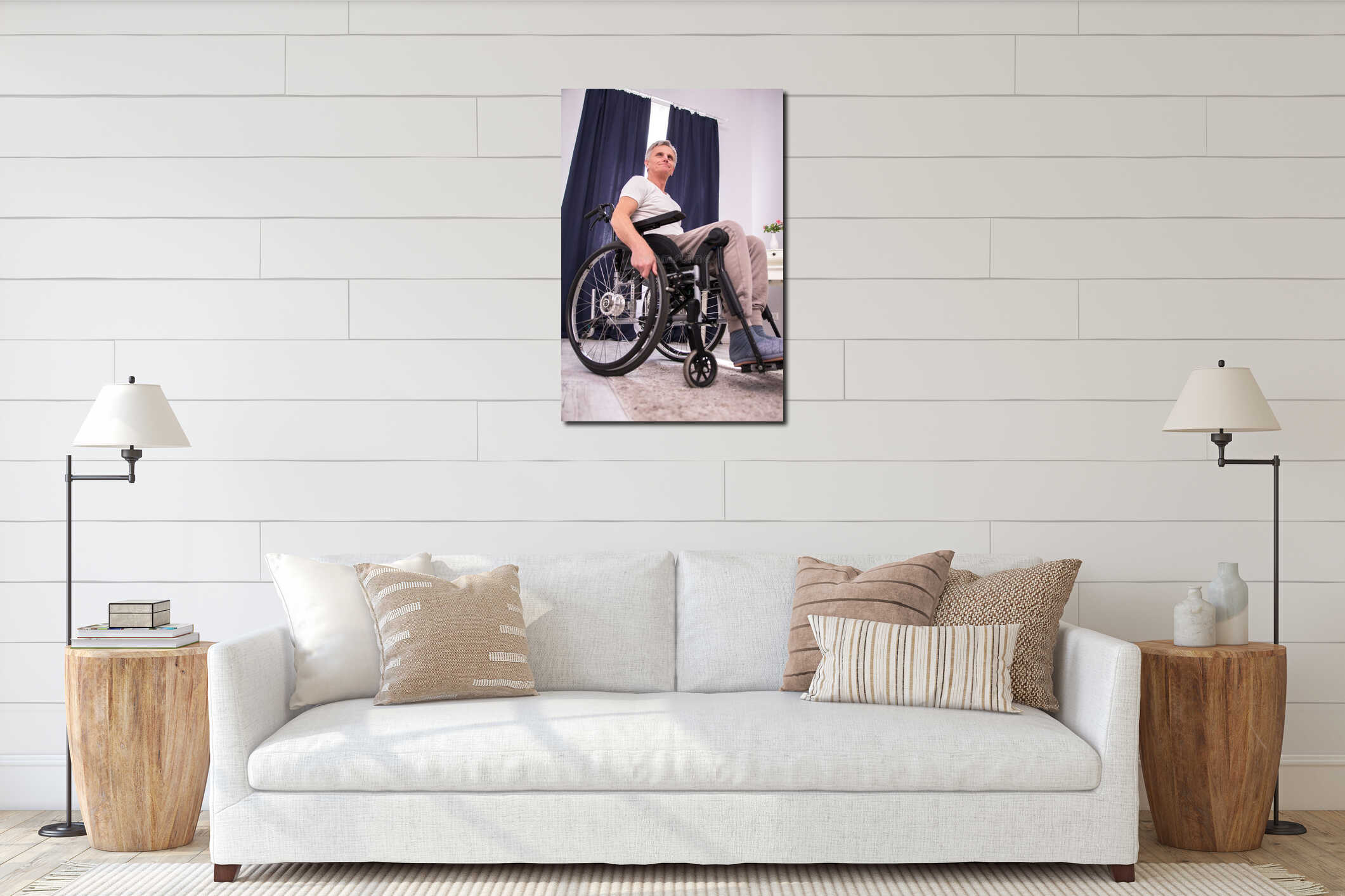 Man in wheelchair. interior mockup